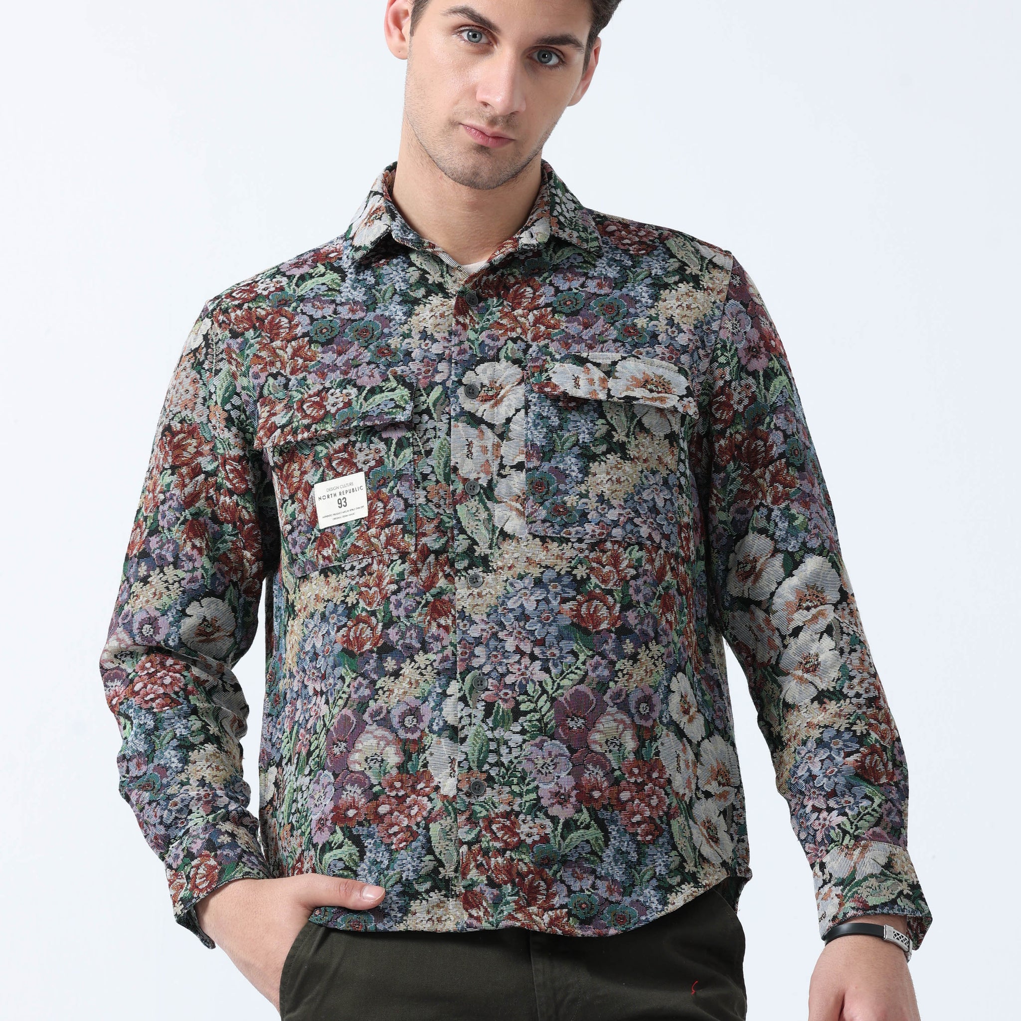 Blue Purple Imported Fabric Floral Print Men's Jacquard shirt