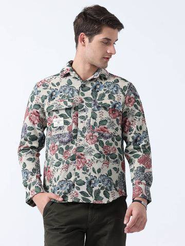 Imported Beige Green Hibiscus Print Men's Stylish Jacquard shirt