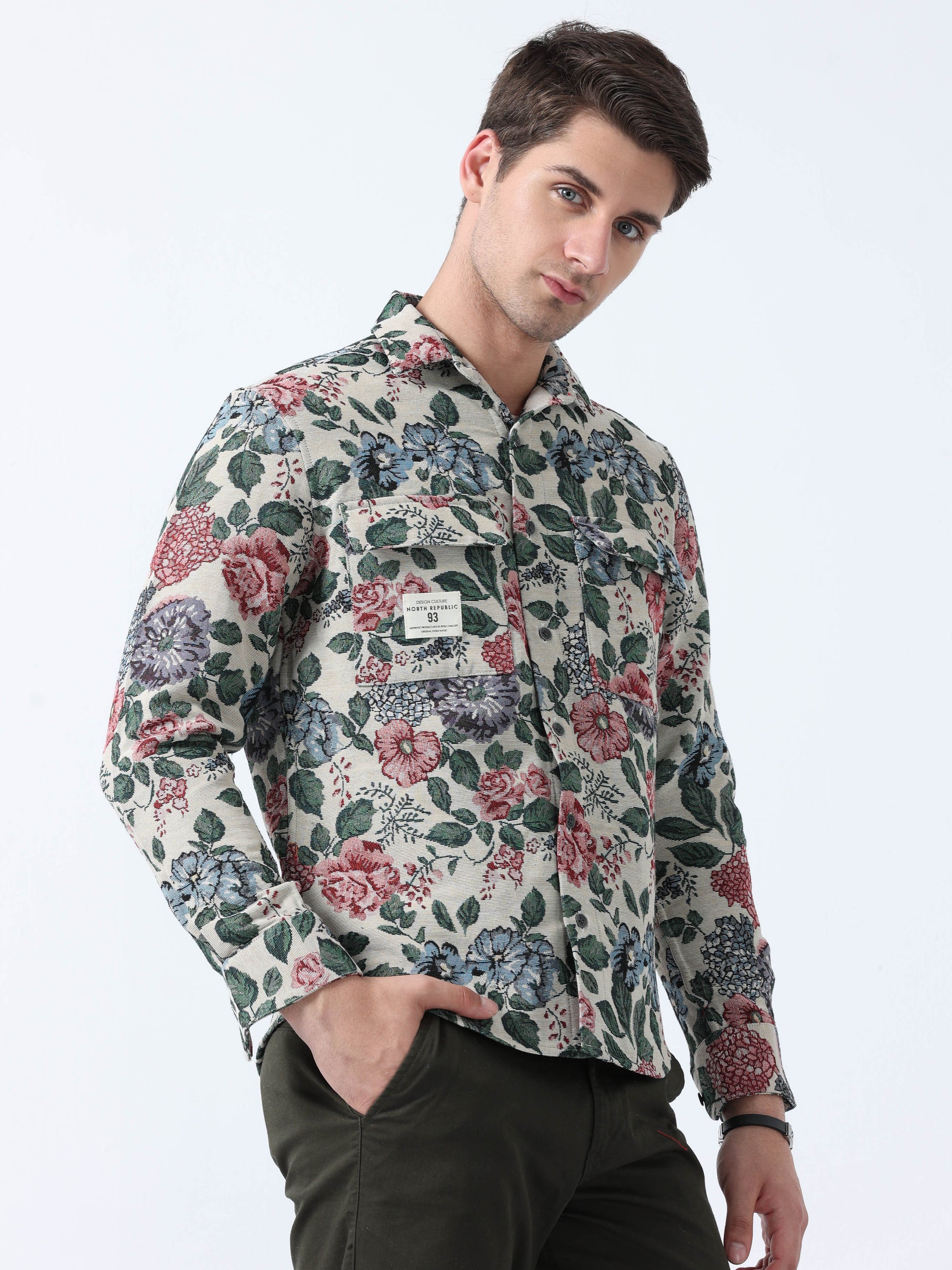 Imported Beige Green Hibiscus Print Men's Stylish Jacquard shirt