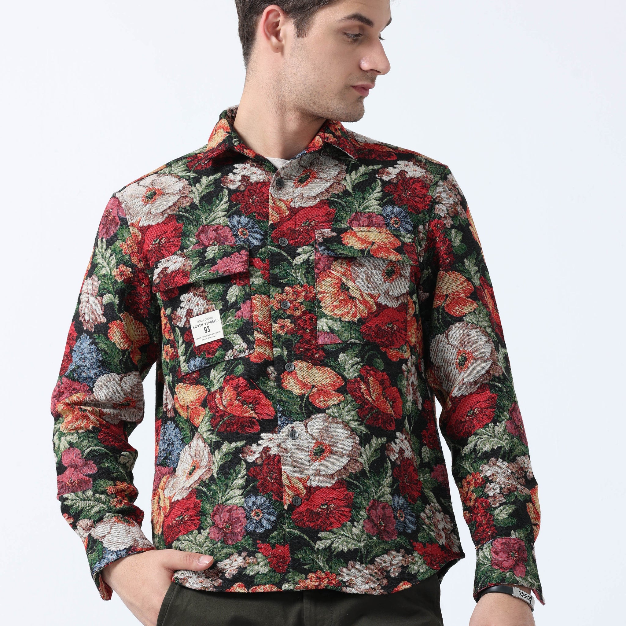 Imported Black Multi Flower Print Fashionable Jacquard Shirt