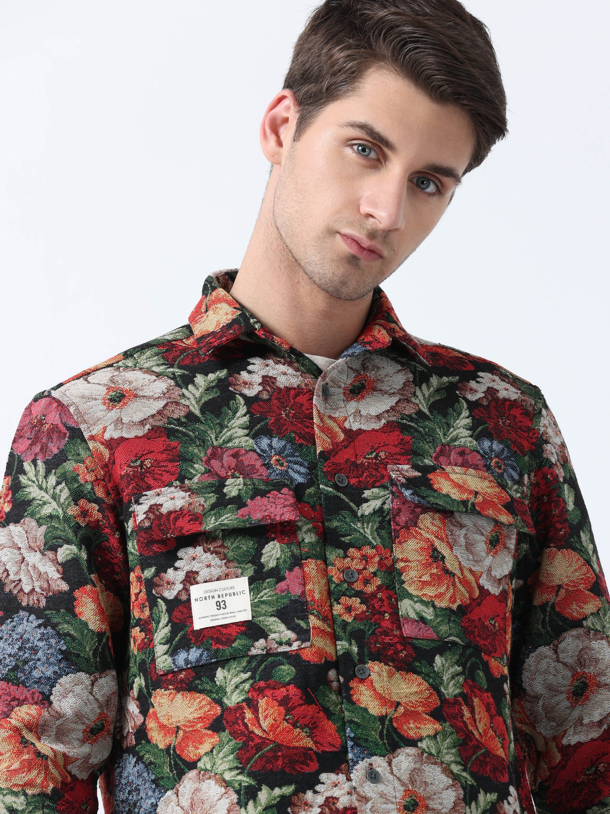 Imported Black Multi Flower Print Fashionable Jacquard Shirt
