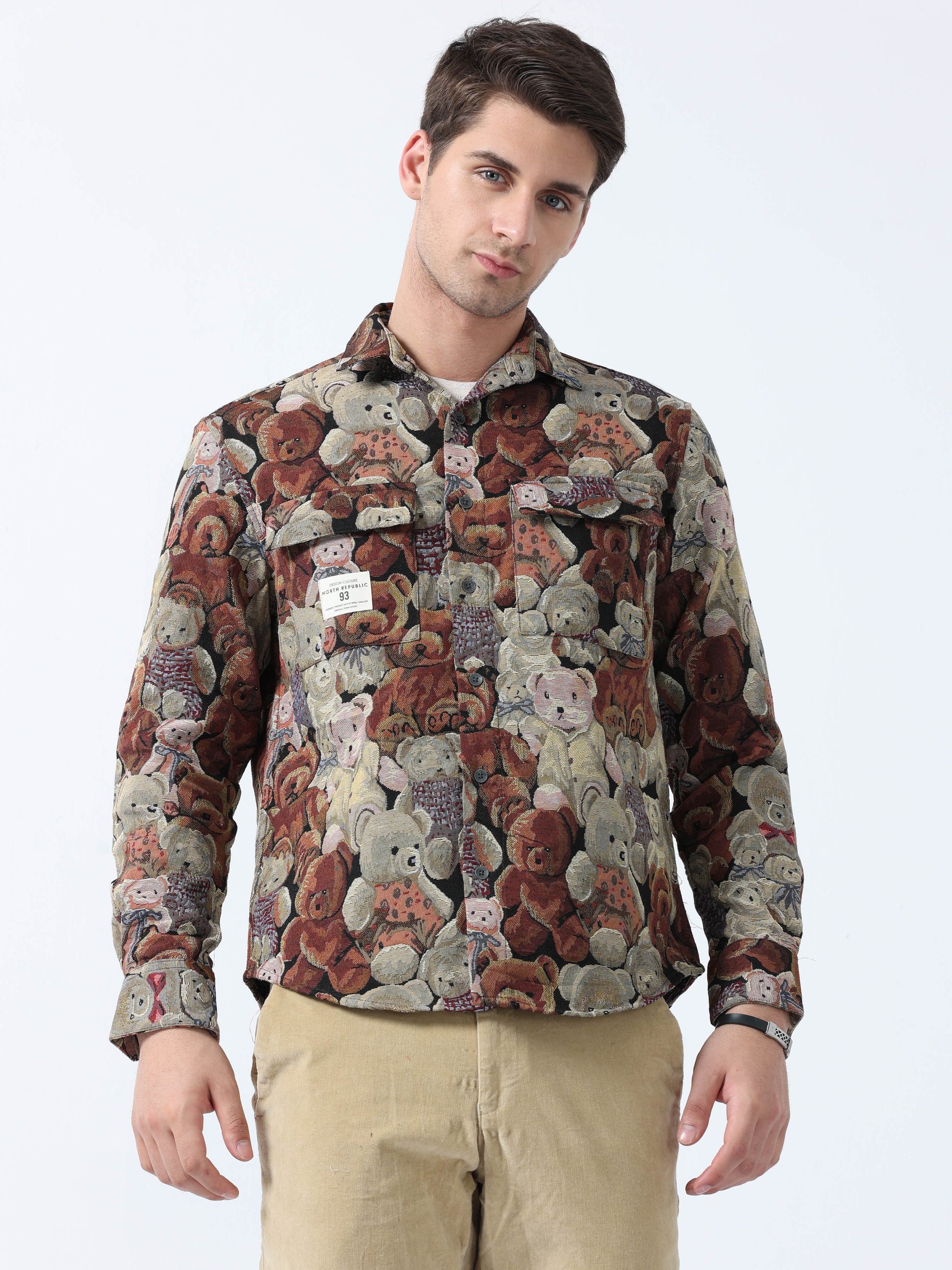 Imported Fabric Blue Khaki Bear Pattern Jacquard Shirt