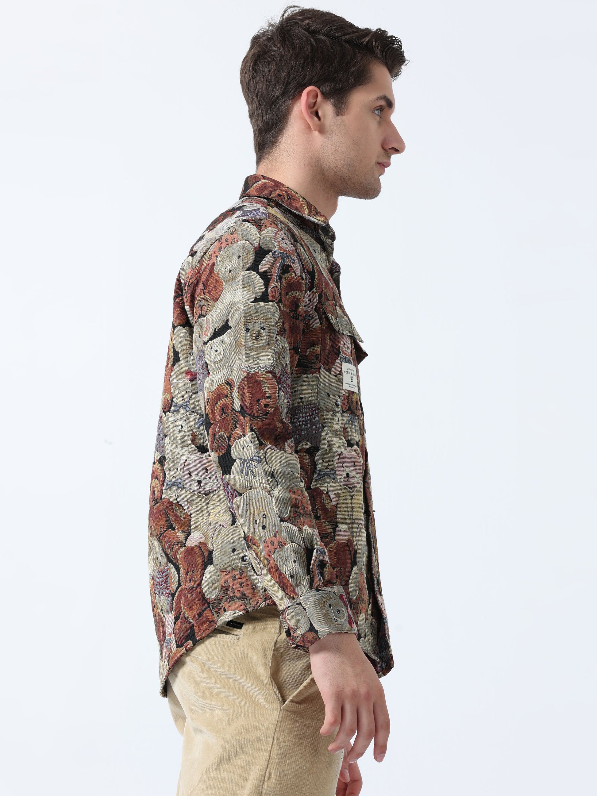 Imported Fabric Blue Khaki Bear Pattern Jacquard Shirt