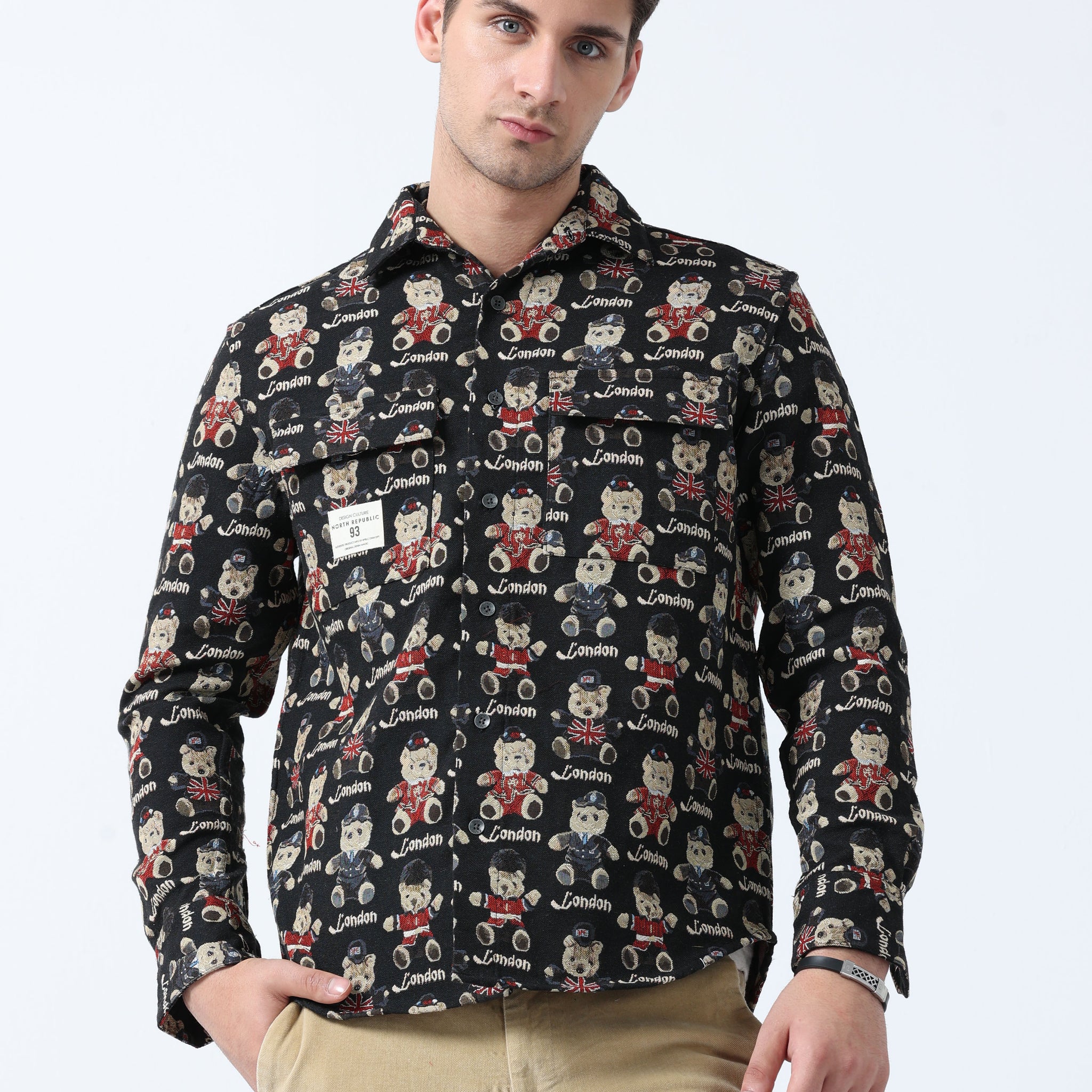 Imported Black Cream Small Teddy Printed Men's Jacquard shirt