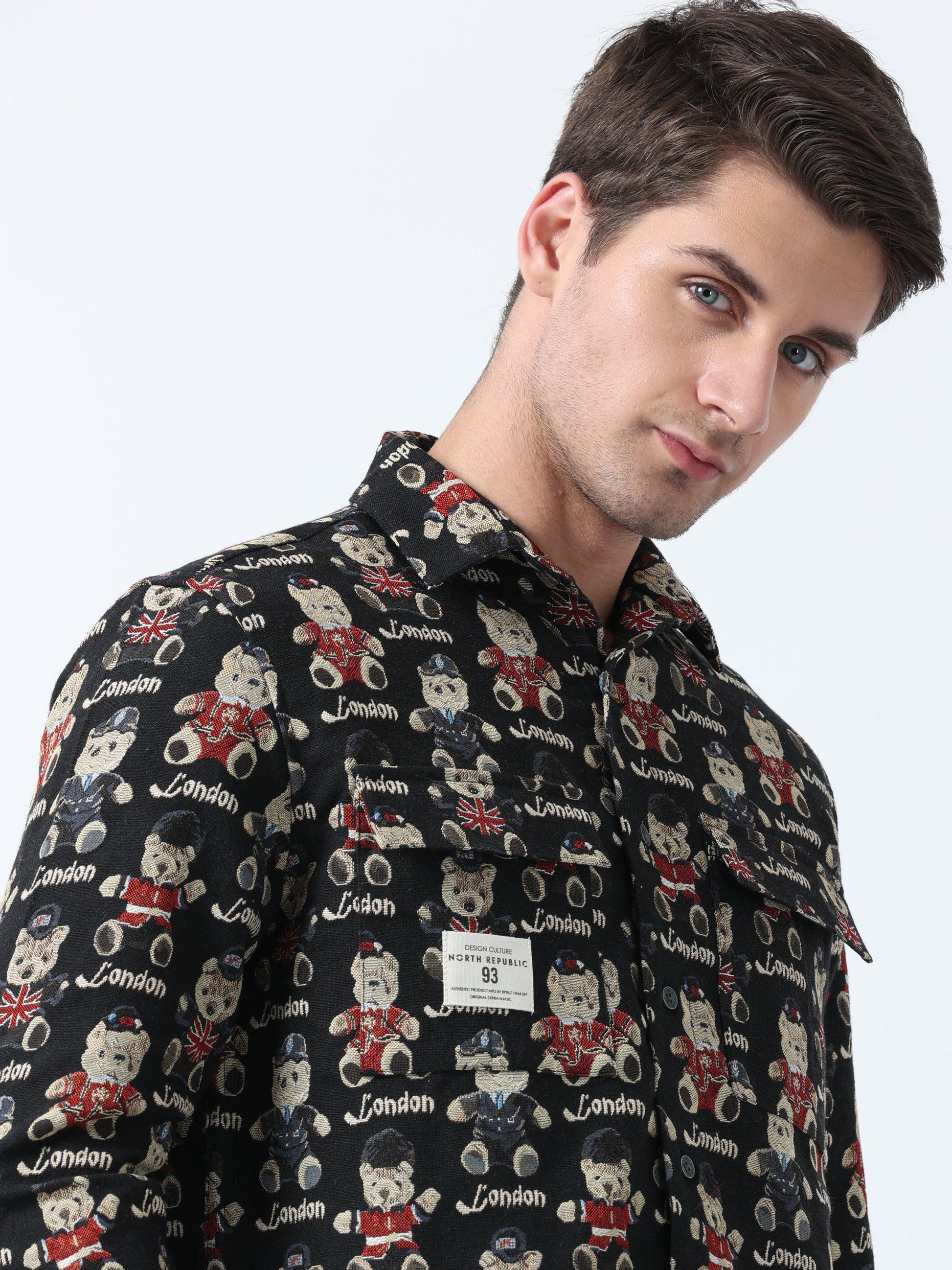 Imported Black Cream Small Teddy Printed Men's Jacquard shirt