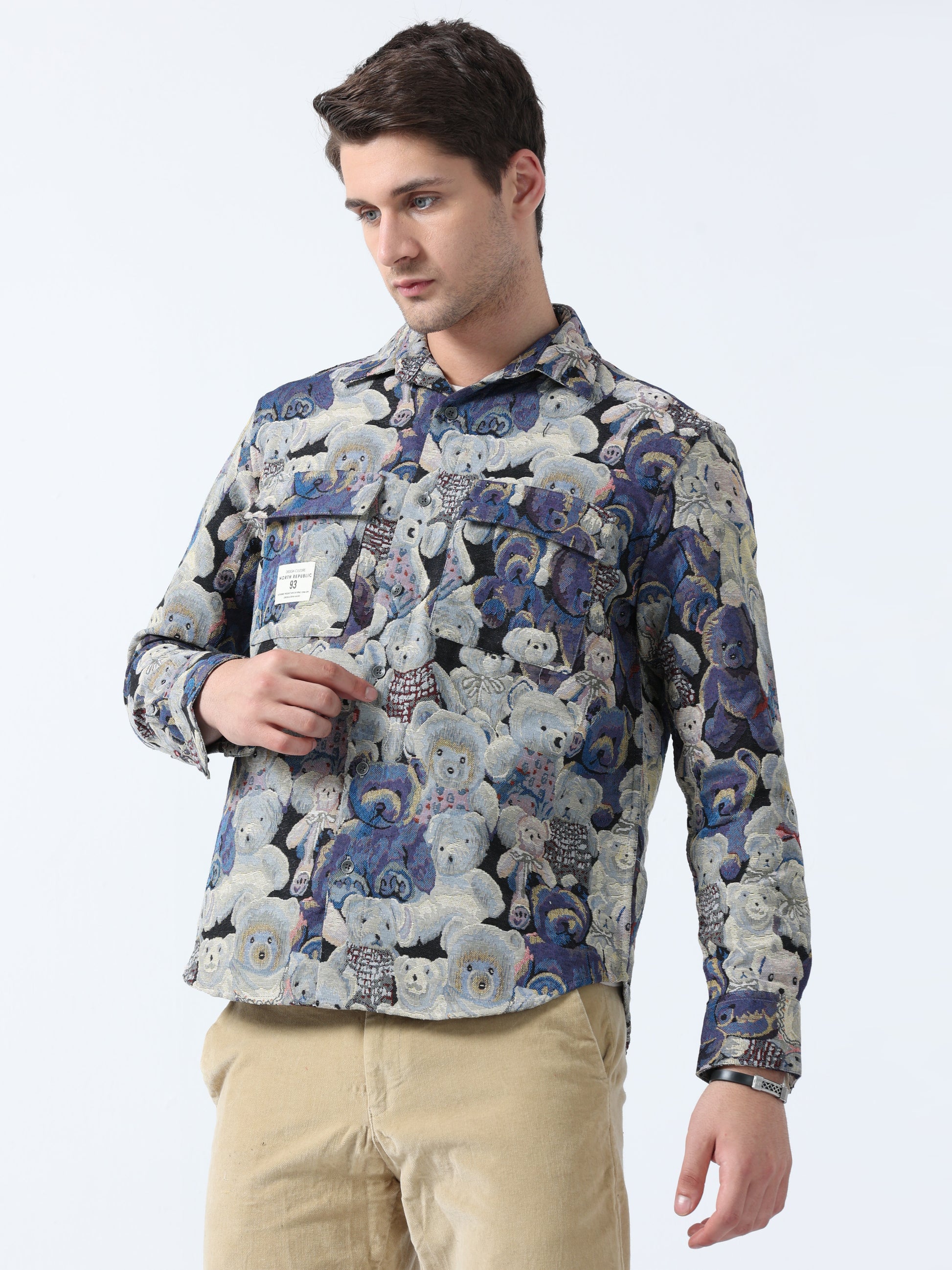 Imported Fabric Black Beige Snow Bear Pattern Jacquard Shirt