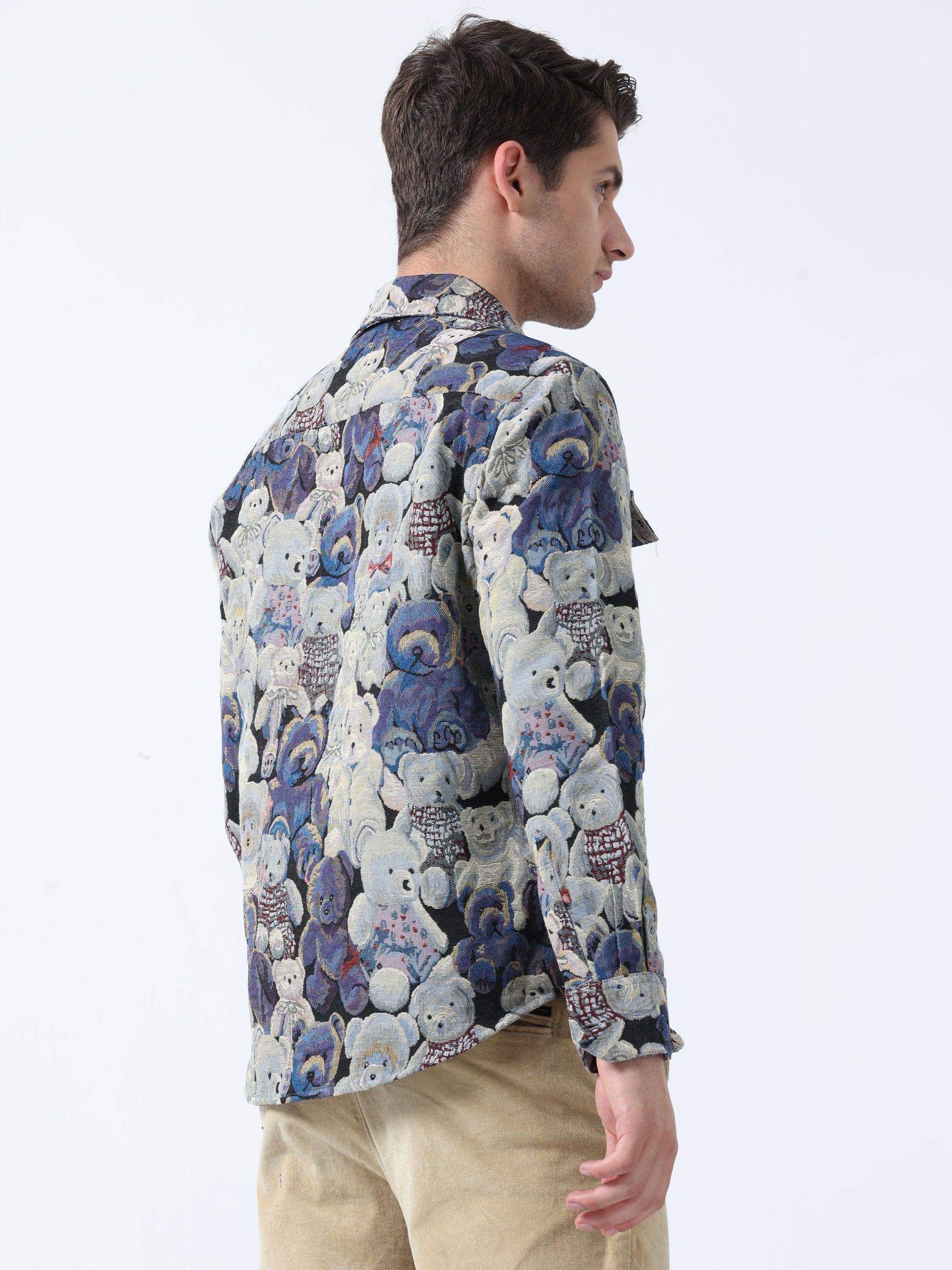 Imported Fabric Black Beige Snow Bear Pattern Jacquard Shirt