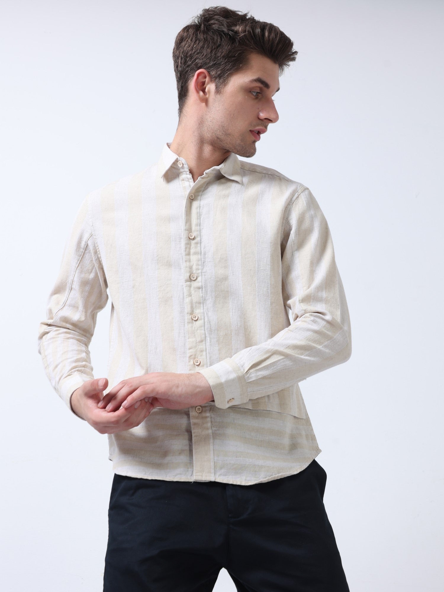  Cream regualr fit cotton full sleeve striped men shirt