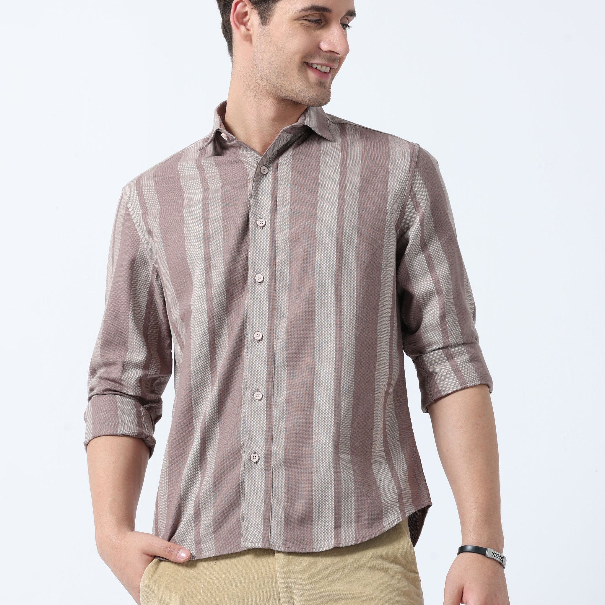 Khaki Versatile Full Sleeve Stylish Men's Striped Shirt
