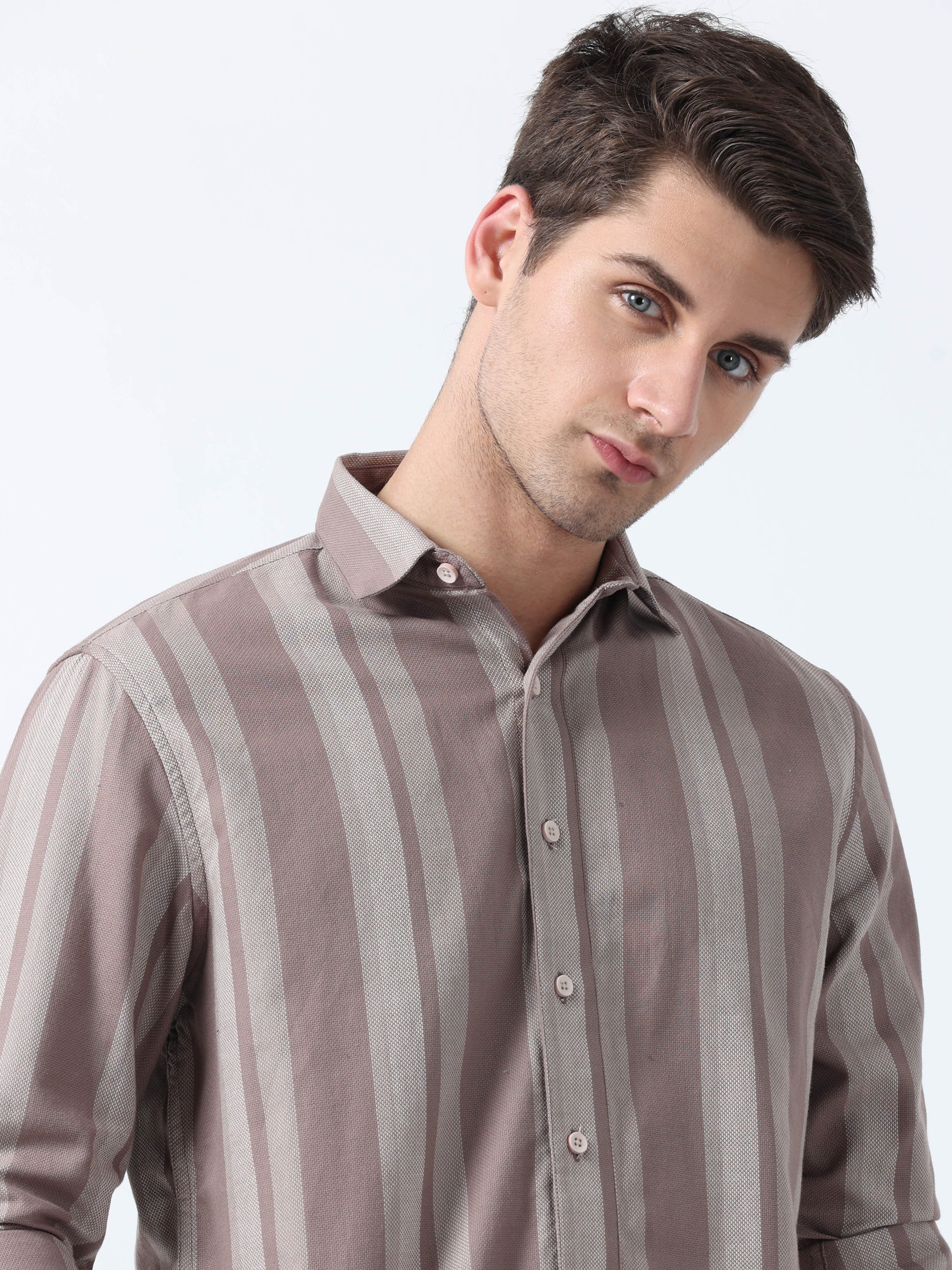 Khaki Versatile Full Sleeve Stylish Men's Striped Shirt