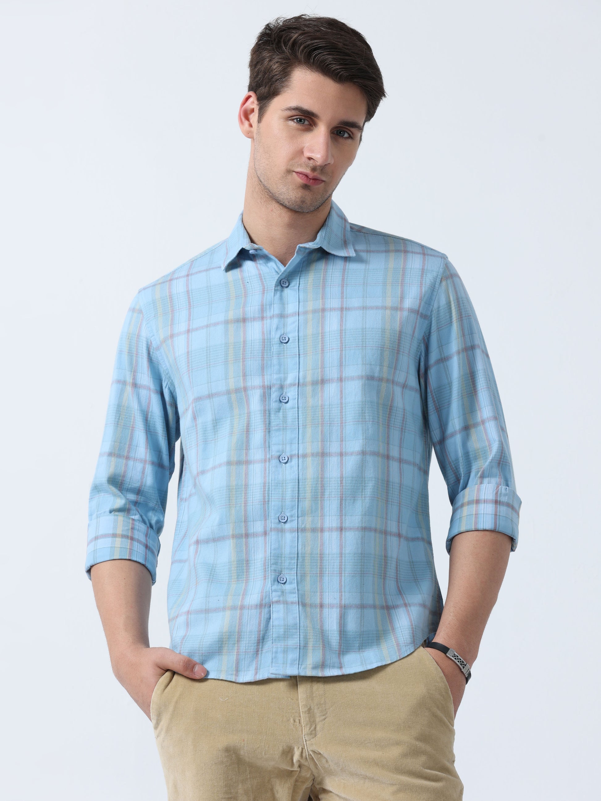 Sky Blue Full Sleeve Madras Men's Checked Shirt