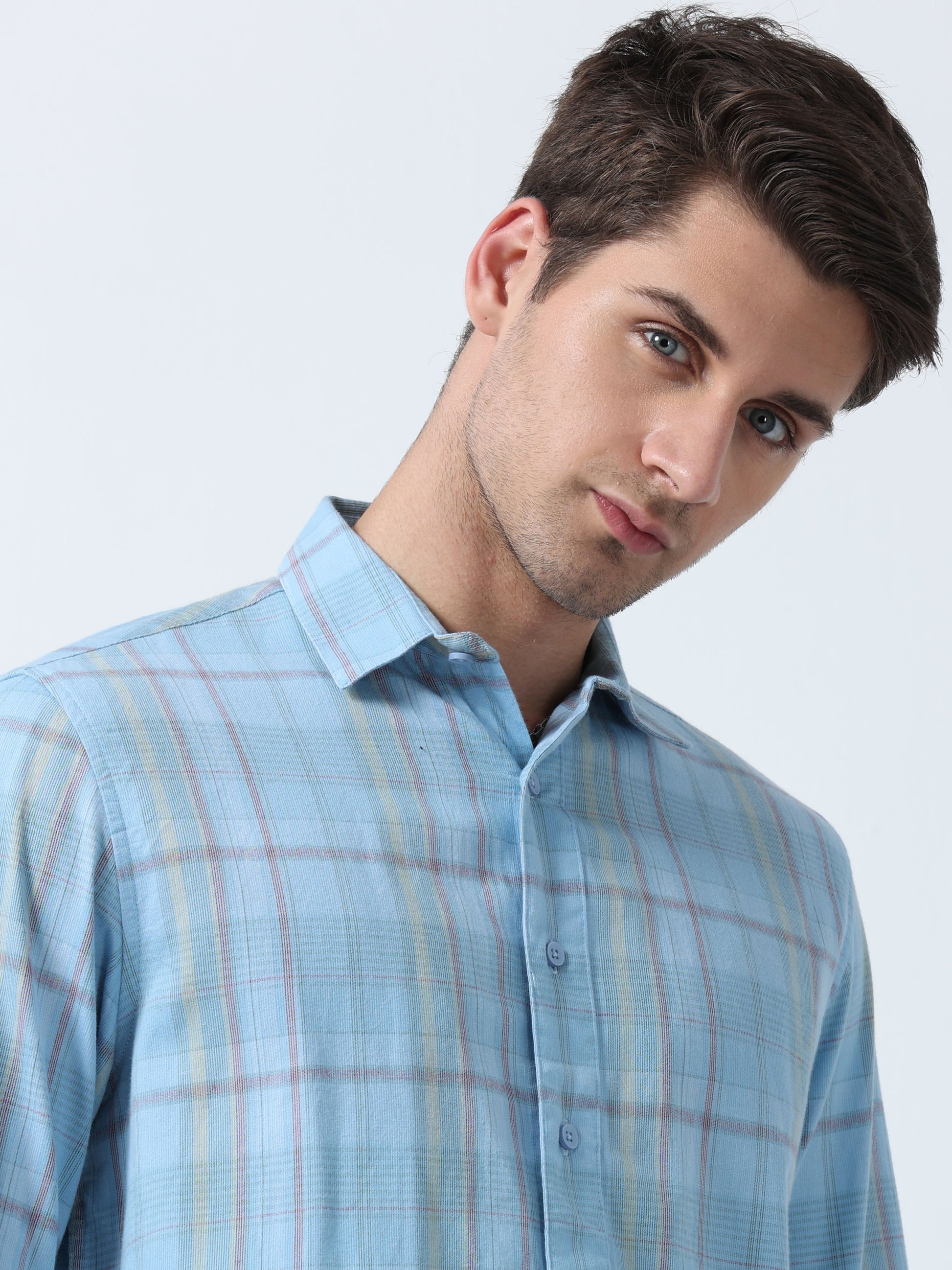 Sky Blue Full Sleeve Madras Men's Checked Shirt