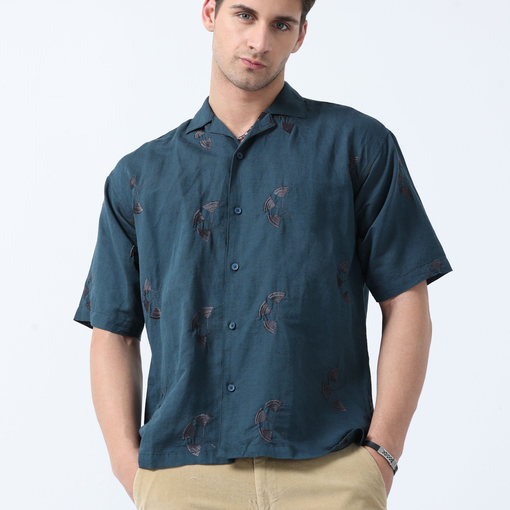 Teal Loose Fit Half Sleeve Embroidered Men's Shirt
