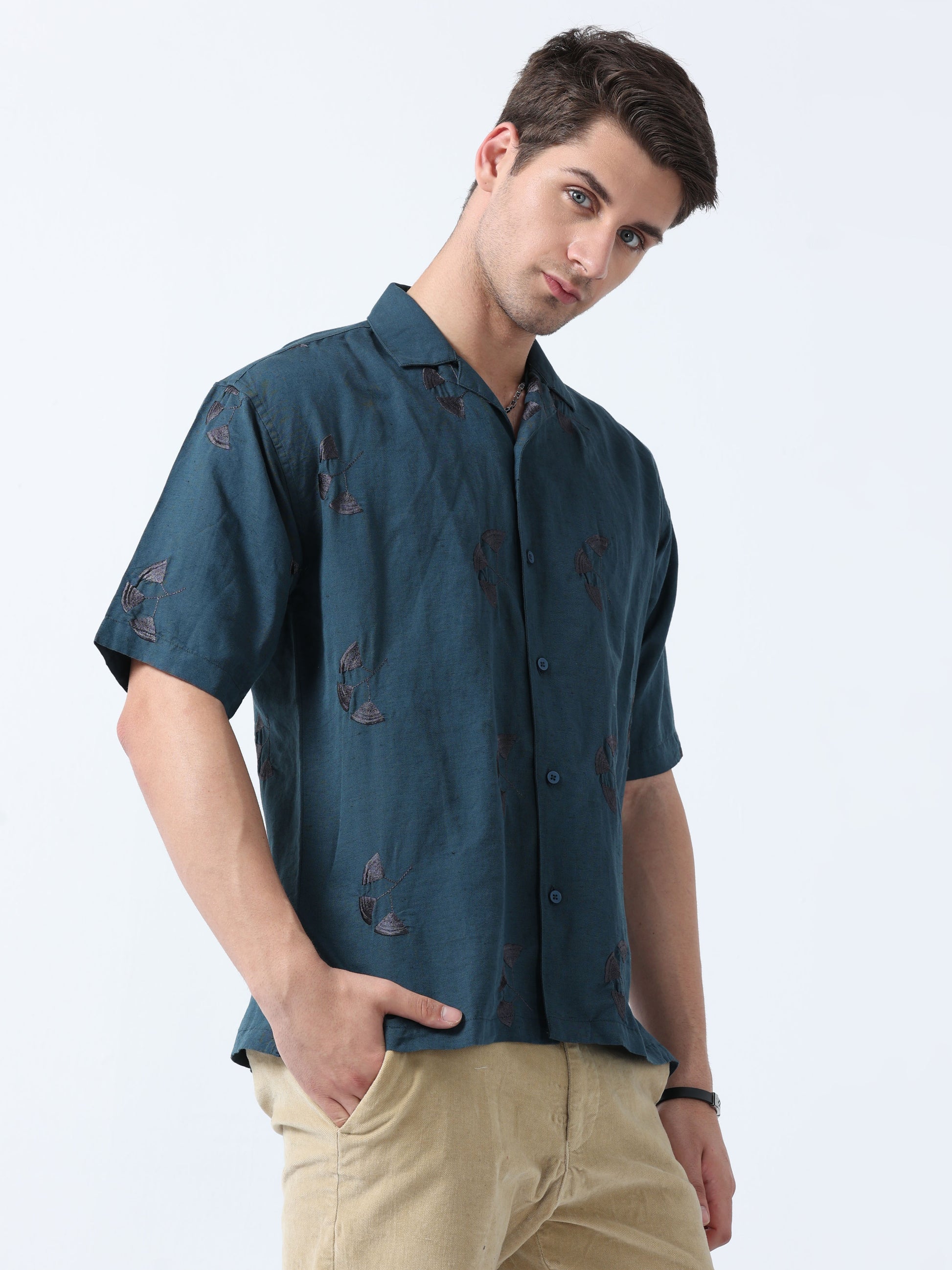 Teal Loose Fit Half Sleeve Embroidered Men's Shirt