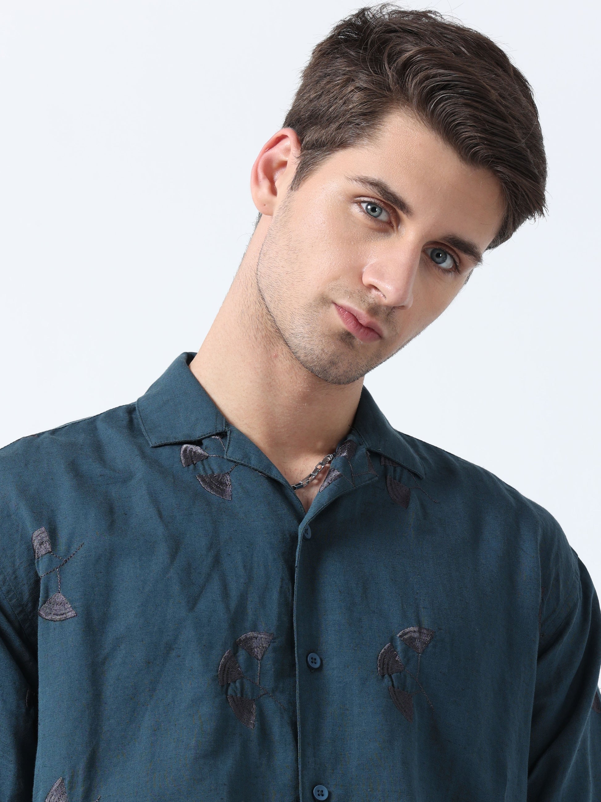 Teal Loose Fit Half Sleeve Embroidered Men's Shirt