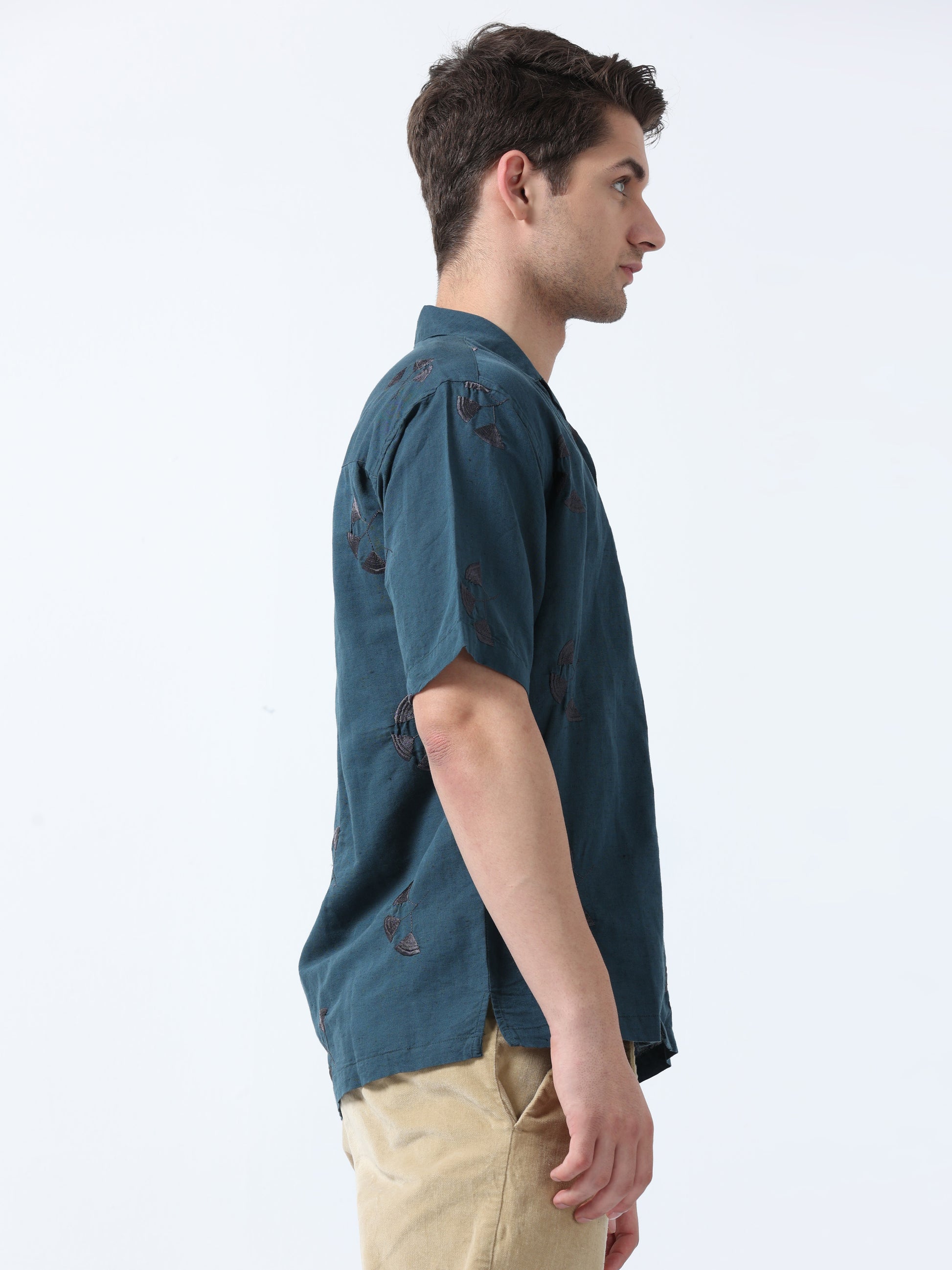 Teal Loose Fit Half Sleeve Embroidered Men's Shirt