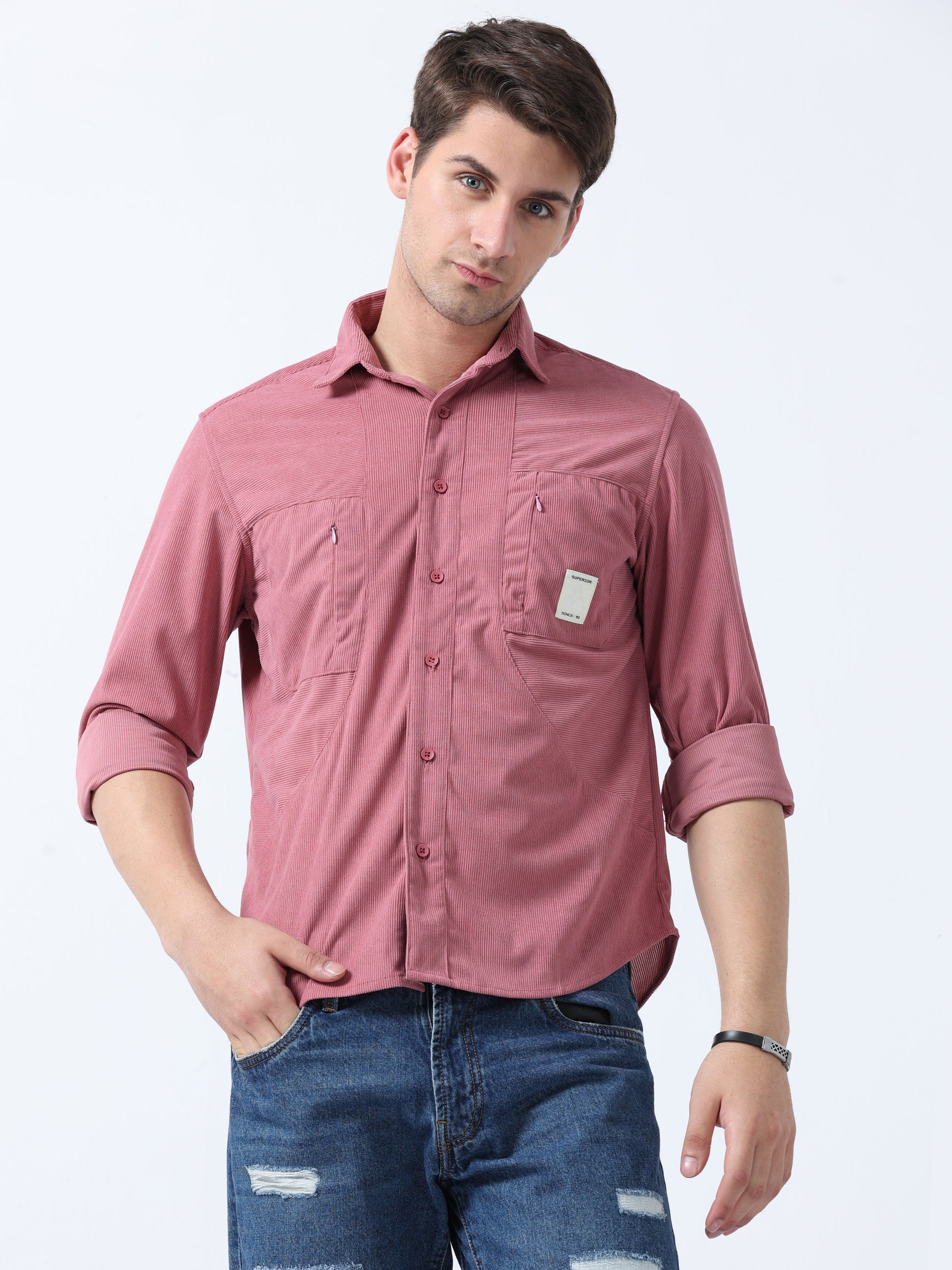 Pink Fashionable Double Pocket Men's Corduroy Plain Shirt