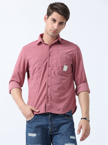 Pink Fashionable Double Pocket Men's Corduroy Plain Shirt