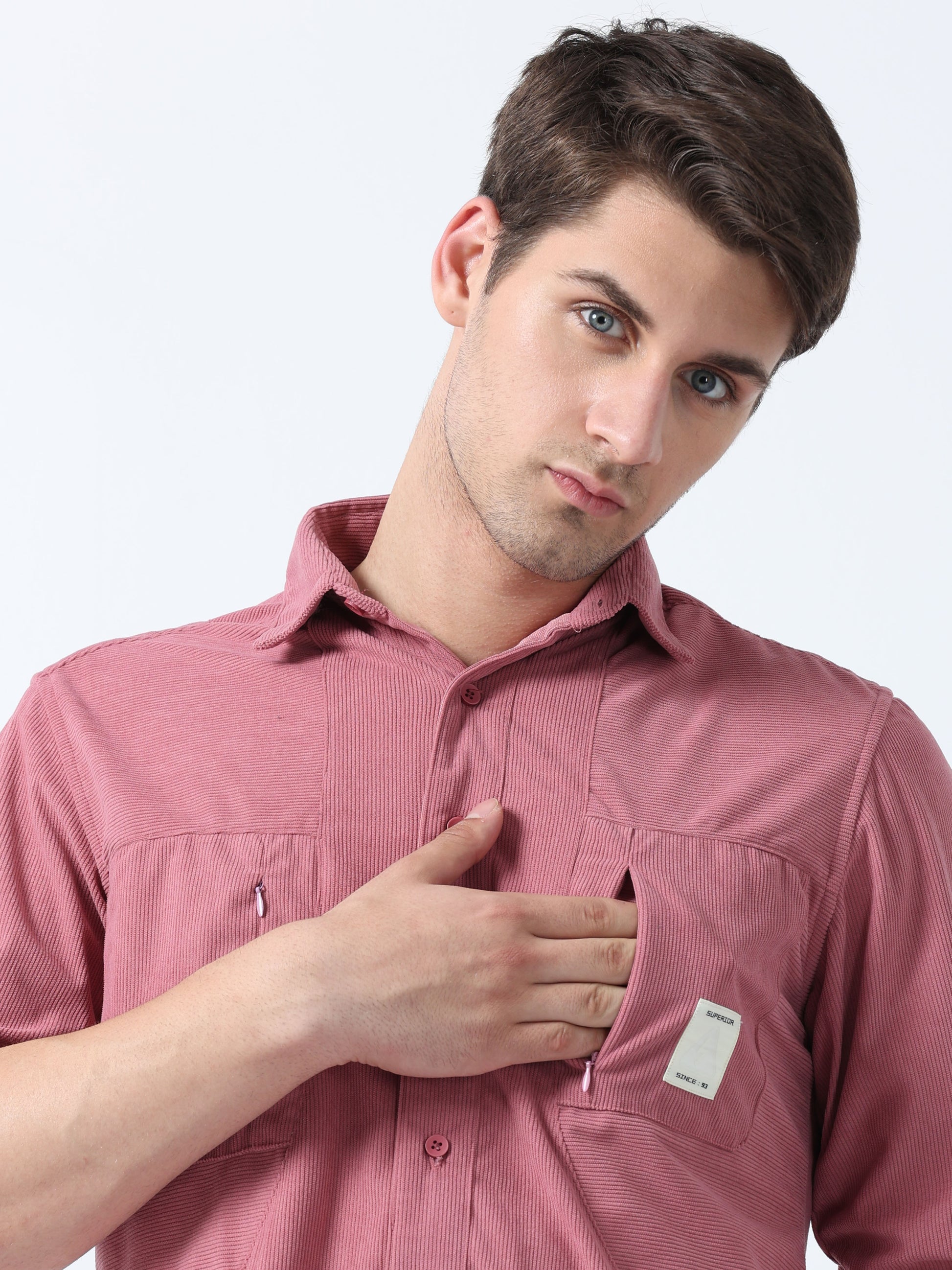 Pink Fashionable Double Pocket Men's Corduroy Plain Shirt