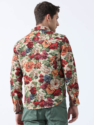 Floral printed double pocket mens shirt | cream