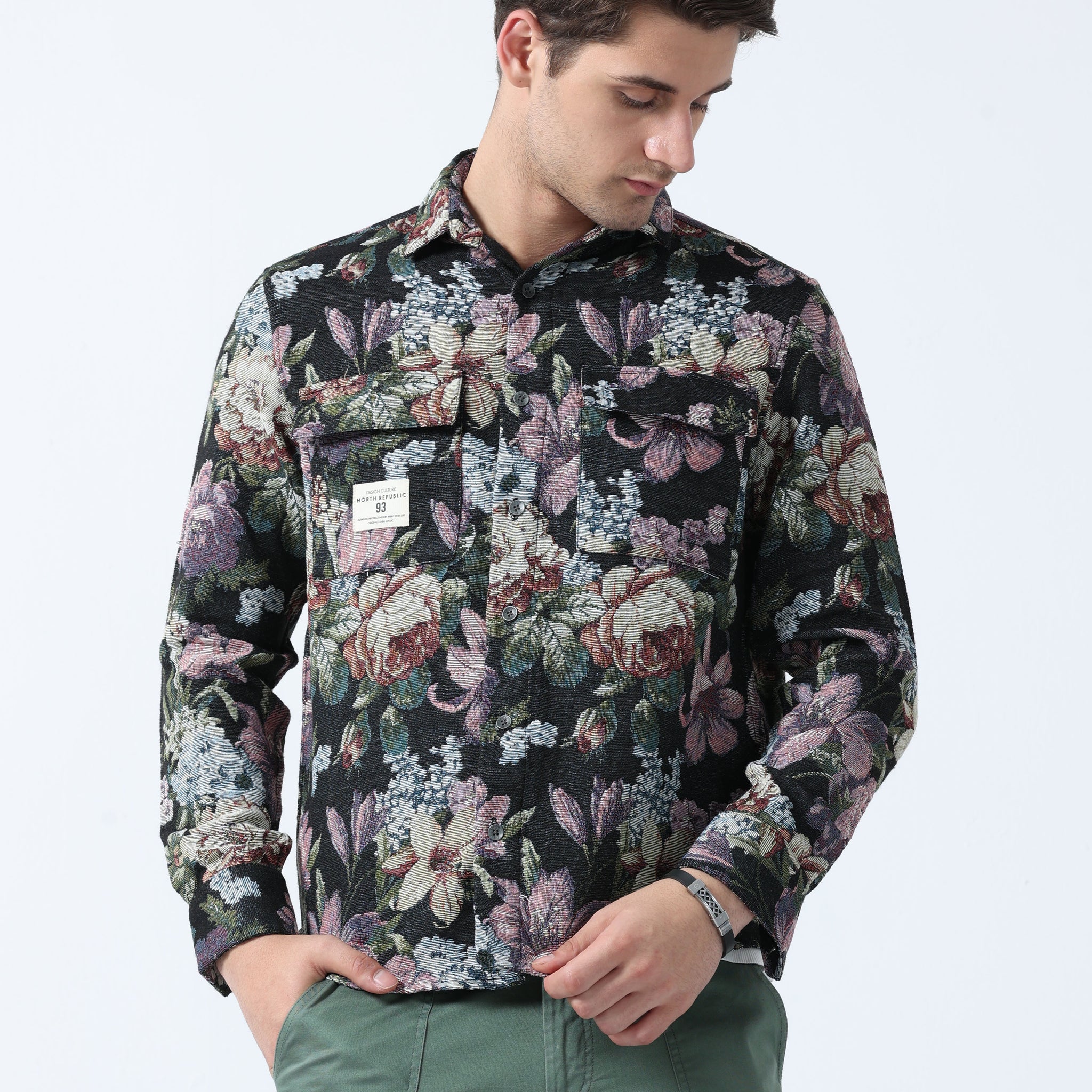 Floral printed double pocket mens shirt | Black Pink