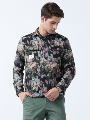 Floral printed double pocket mens shirt | Black Pink