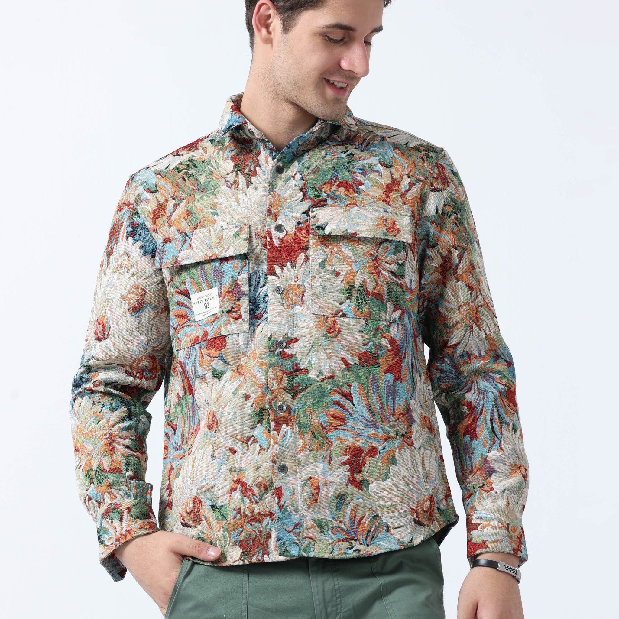 Floral printed double pocket mens shirt | Khaki Green