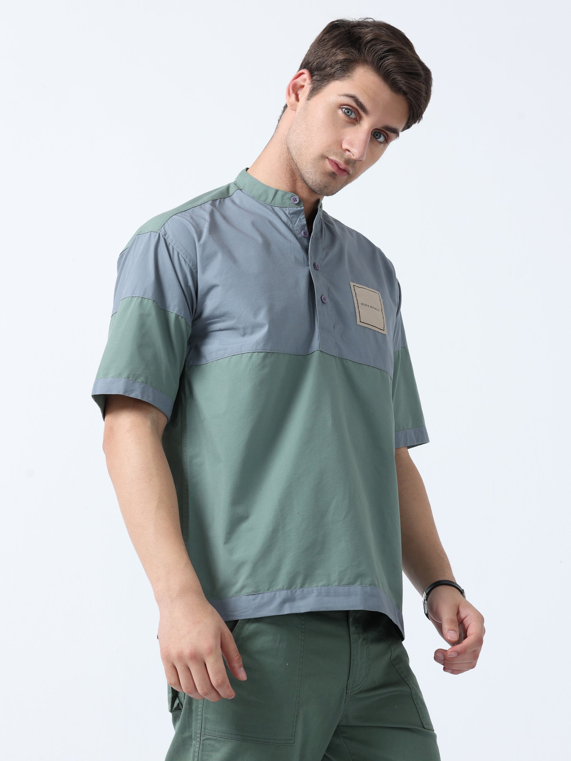 Grey Chines Collar Half Sleeve Men's Yoke Shirt