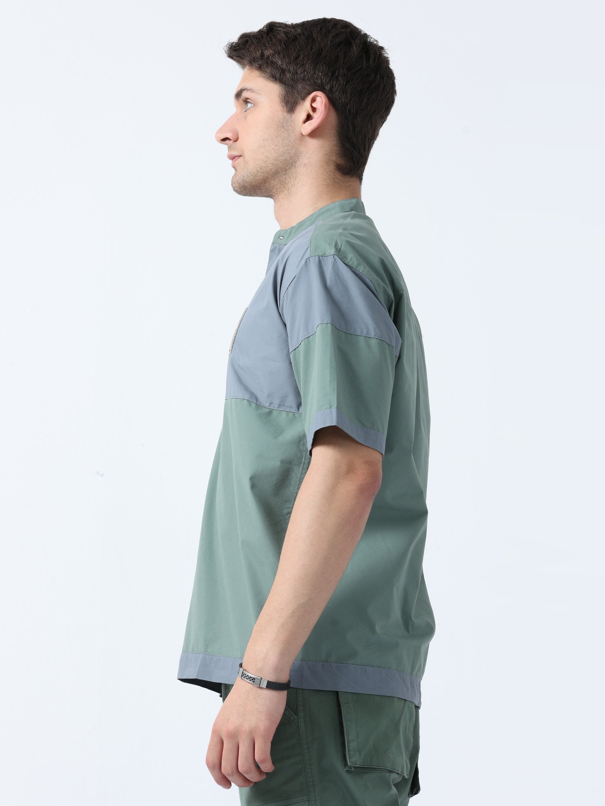 Grey Chines Collar Half Sleeve Men's Yoke Shirt