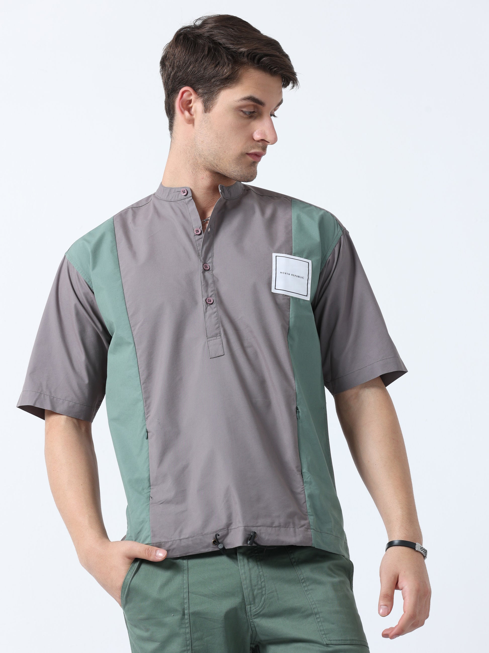 Dark Grey Chines Collar Double Color Half Sleeve Men's Shirt