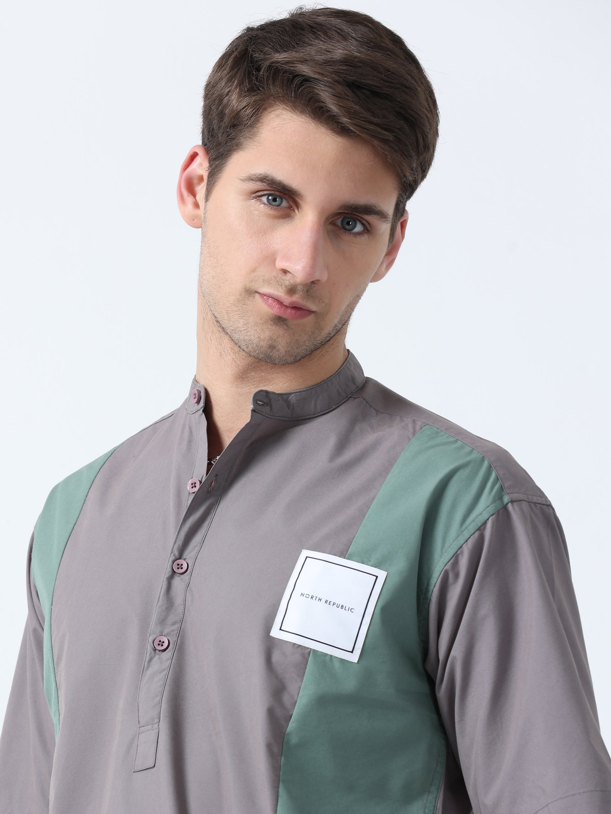 Dark Grey Chines Collar Double Color Half Sleeve Men's Shirt