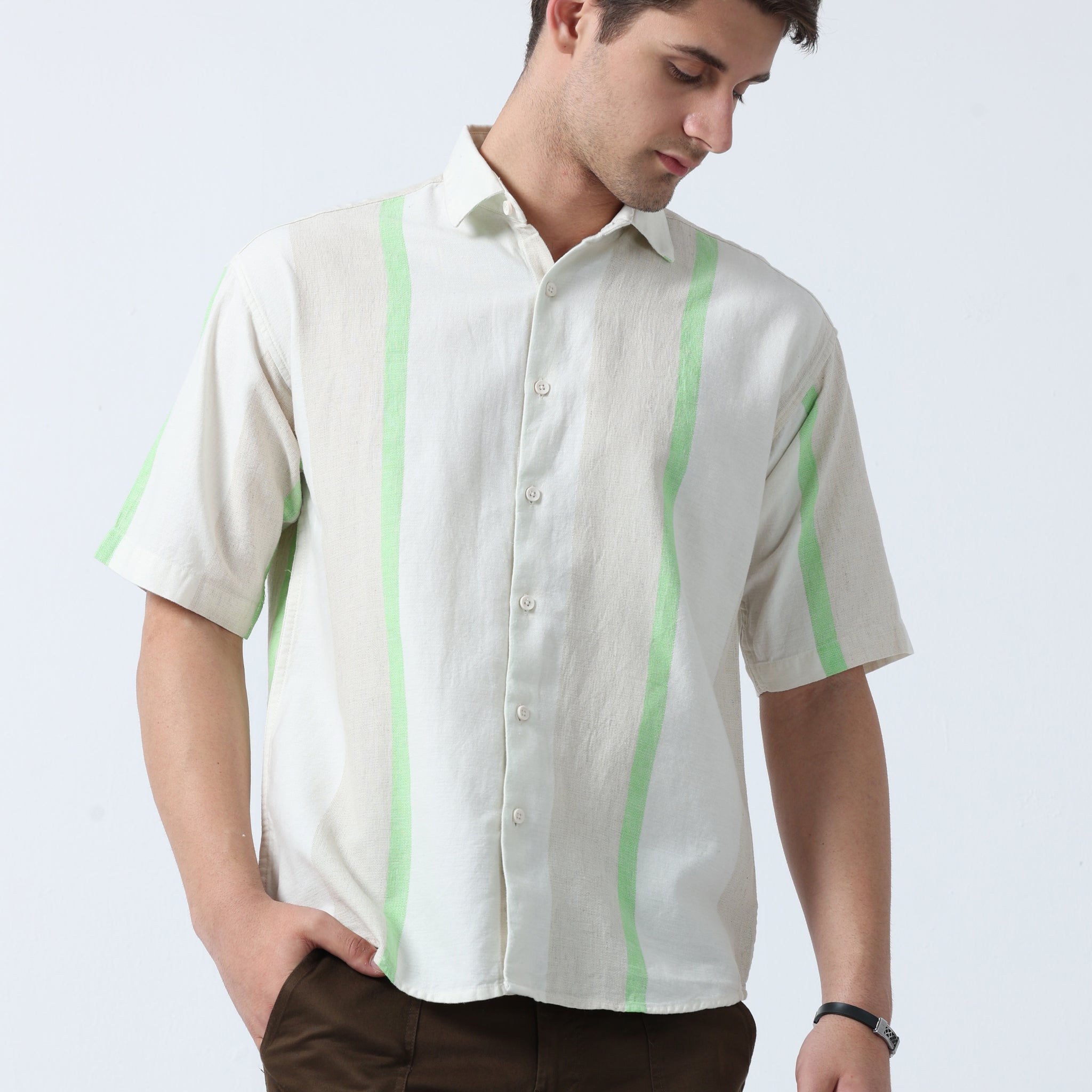 Green Pencil Men's Loose Fit Half Sleeve Striped Shirt