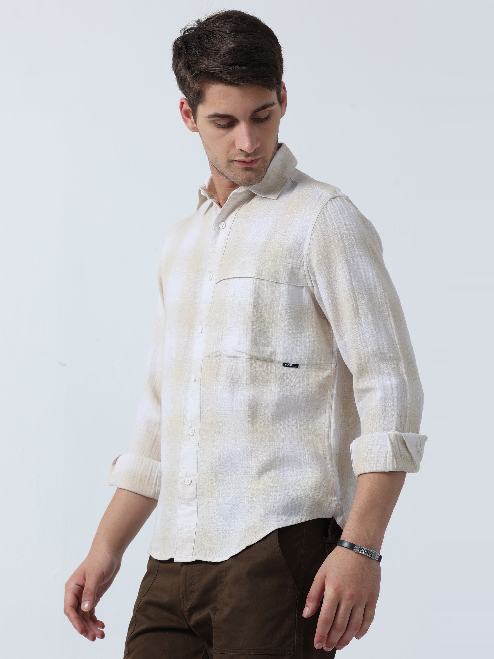 Cream Buffalo Men's Full Sleeve Checked Shirt