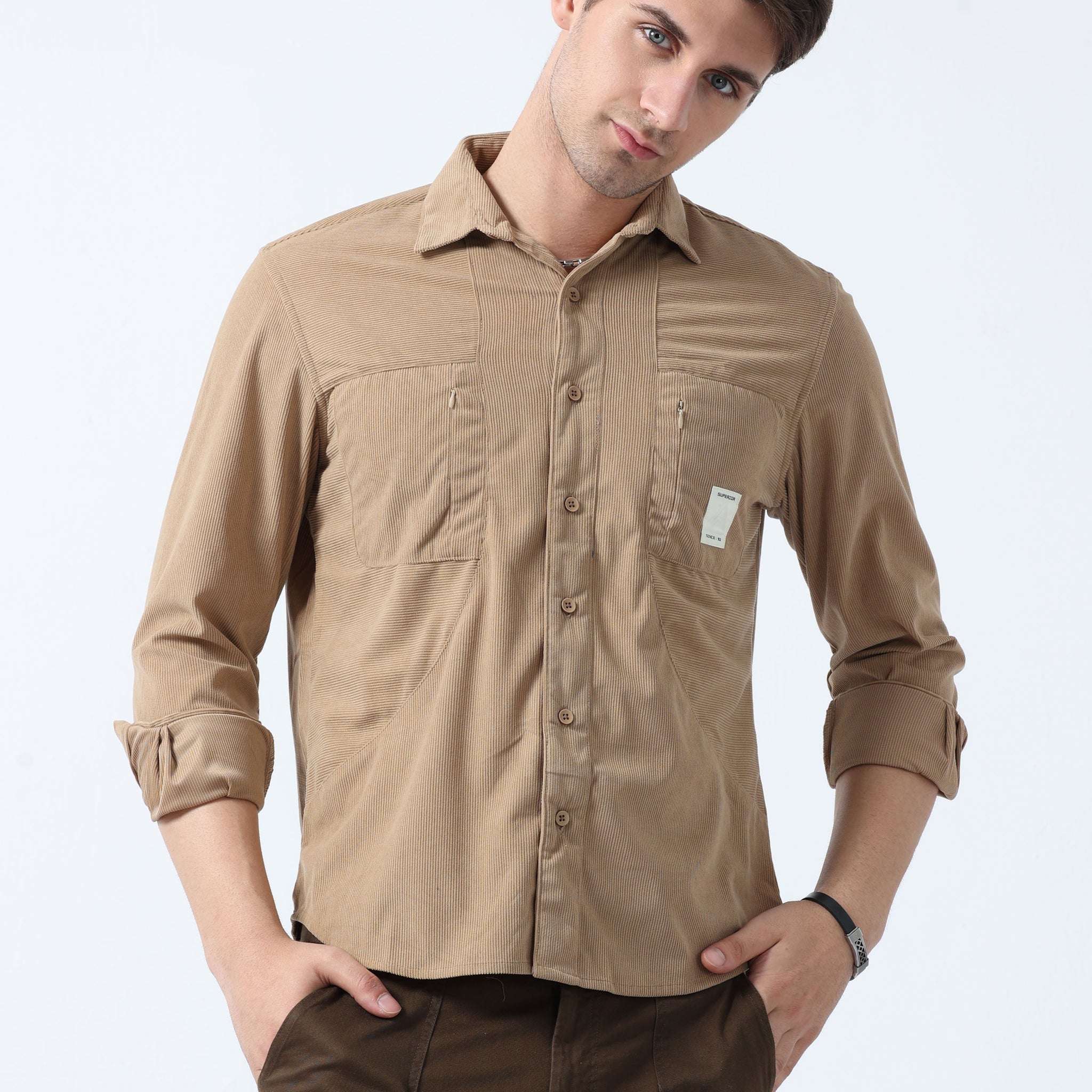 Beige Double Pocket Men's Full Sleeve Corduroy Plain Shirt