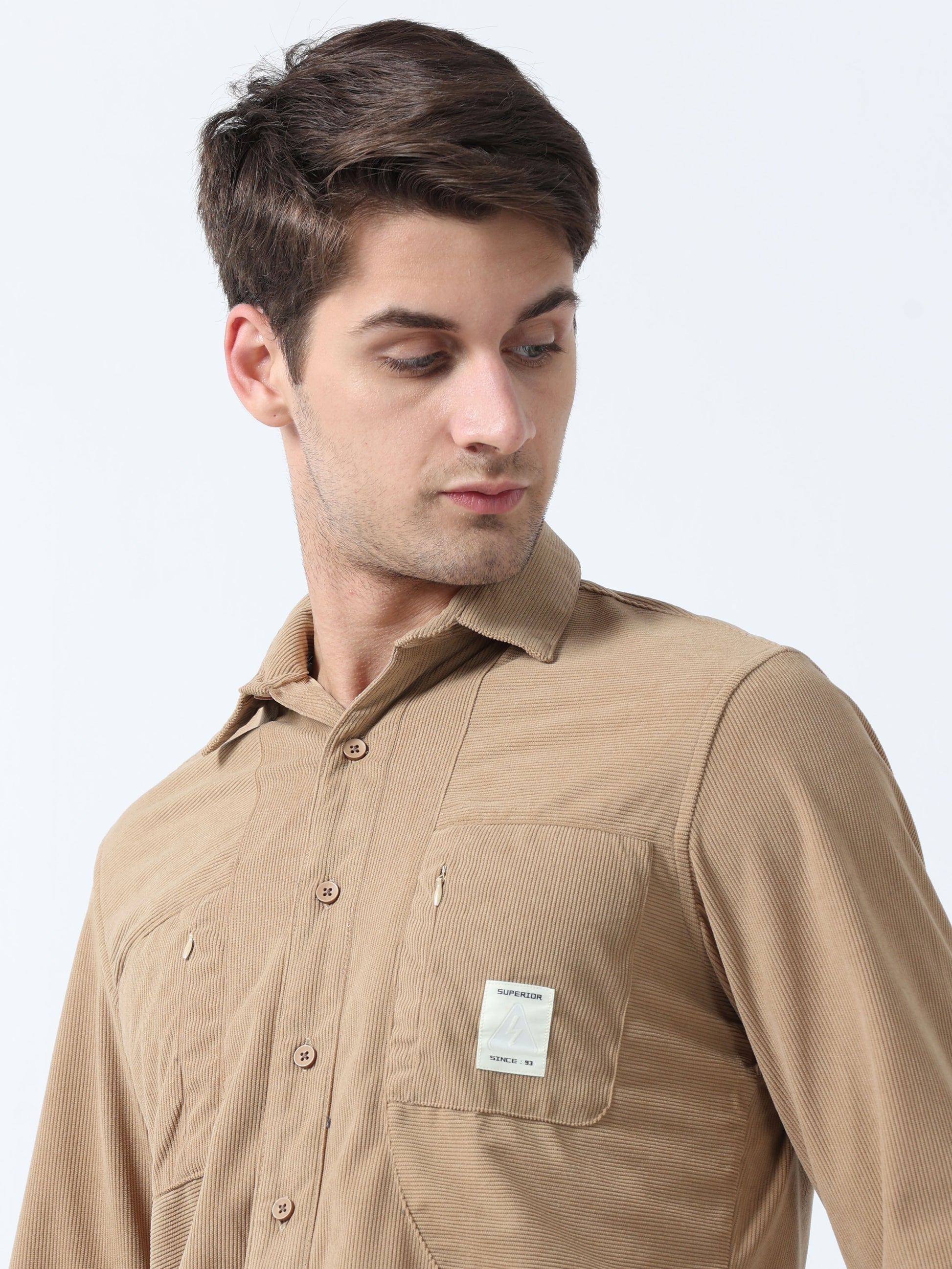 Beige Double Pocket Men's Full Sleeve Corduroy Plain Shirt