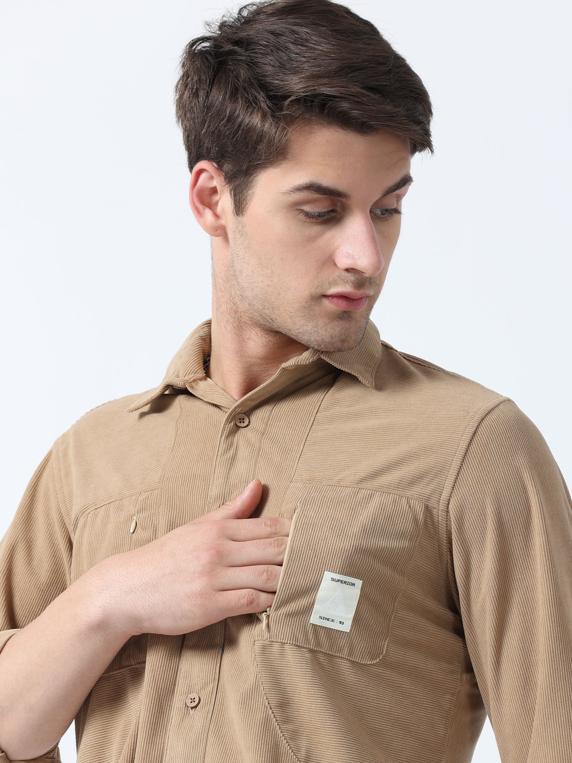 Beige Double Pocket Men's Full Sleeve Corduroy Plain Shirt