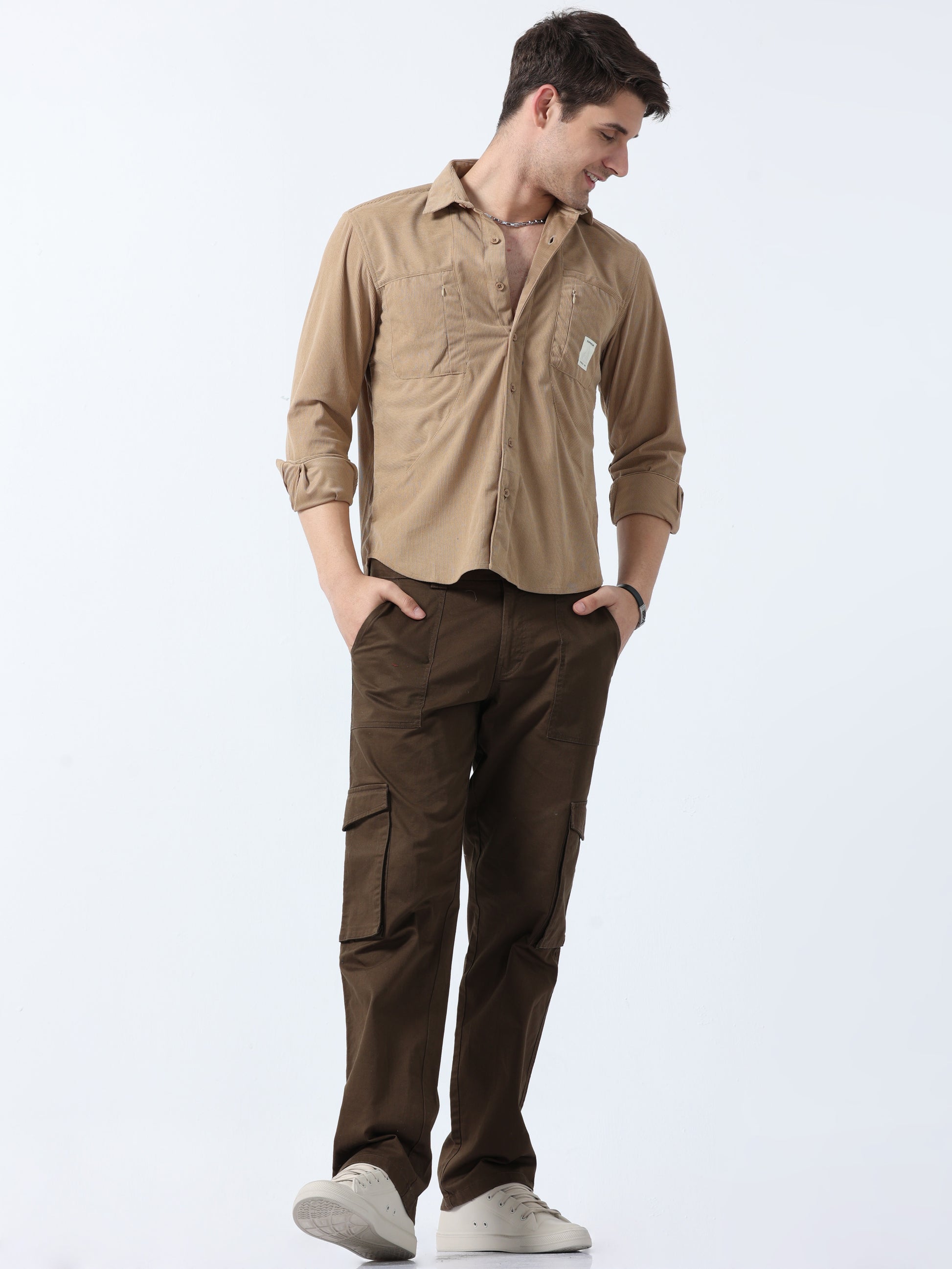 Beige Double Pocket Men's Full Sleeve Corduroy Plain Shirt