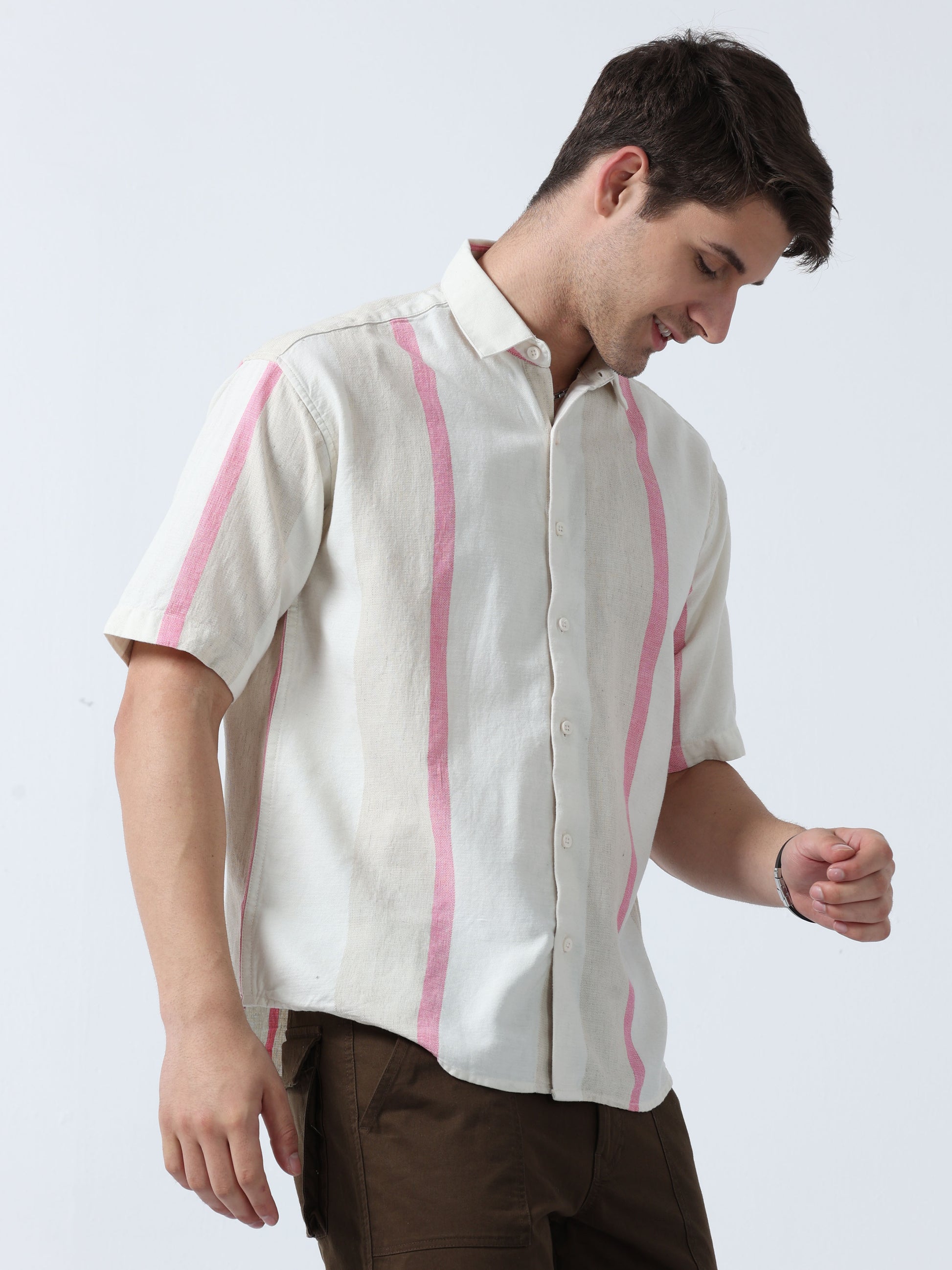 Pink Pencil Men's Loose Fit Half Sleeve Striped Shirt