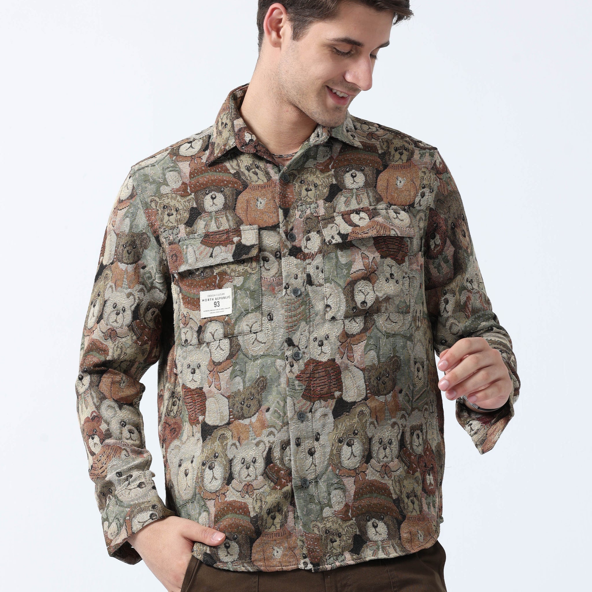 Khaki Olive Imported Fabric Teddy Printed Men's Jacquard Shirt