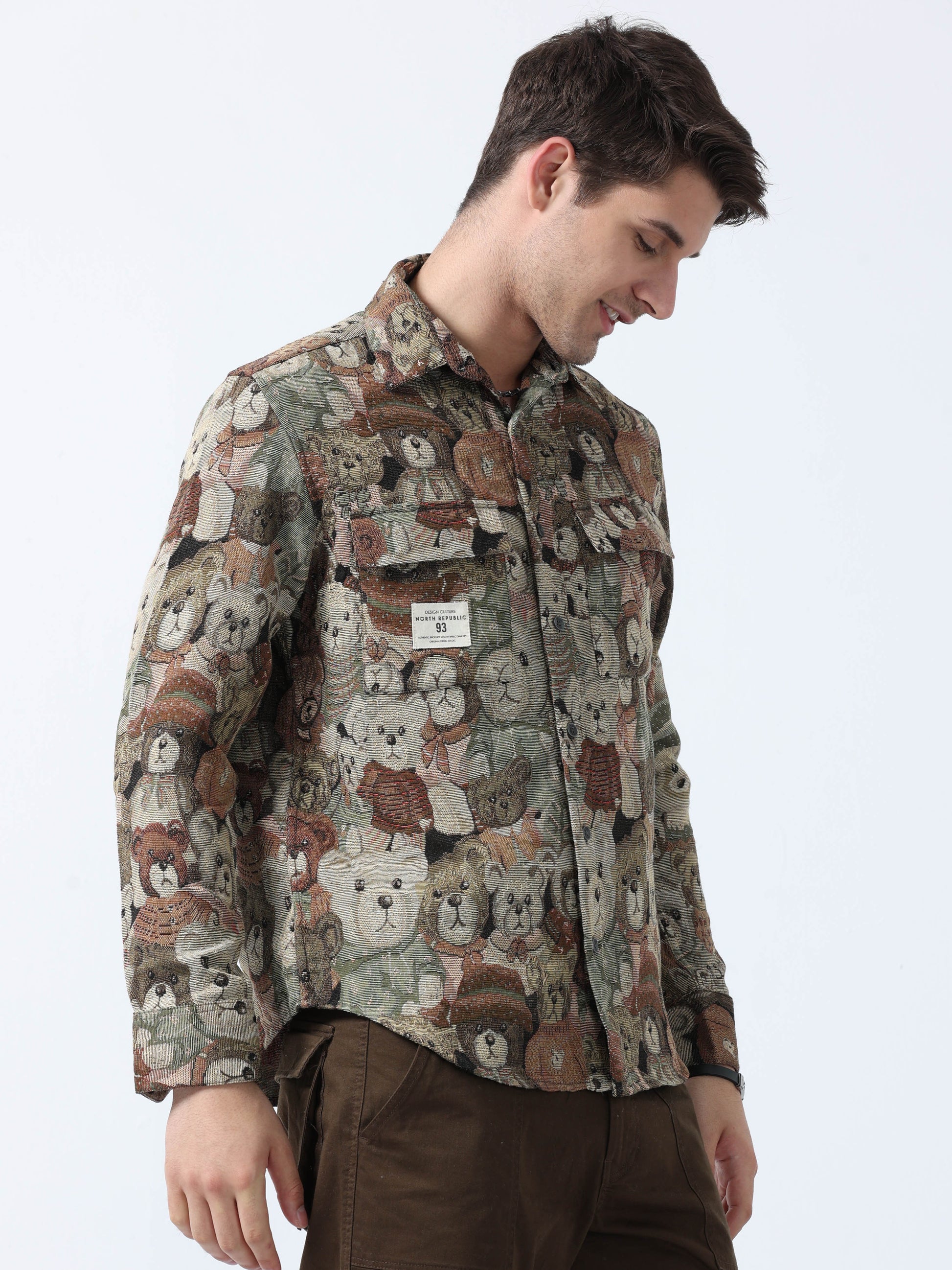 Khaki Olive Imported Fabric Teddy Printed Men's Jacquard Shirt