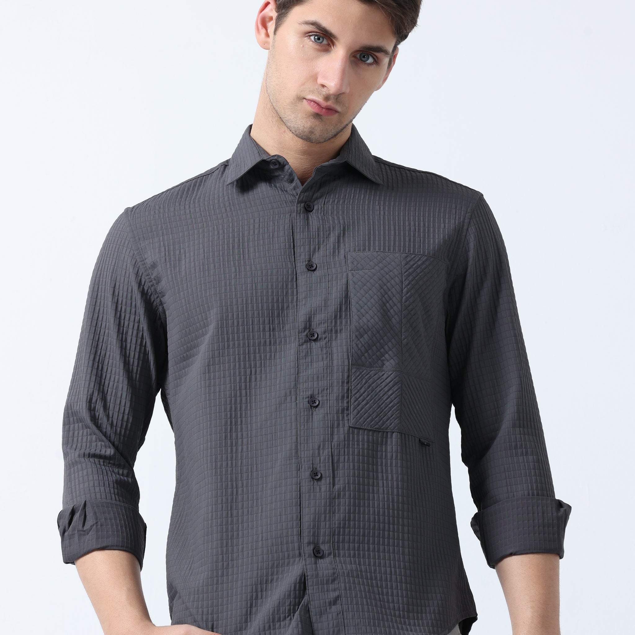 Dark Grey Imported Fabric Stylish Pocket Twist Plain Shirt