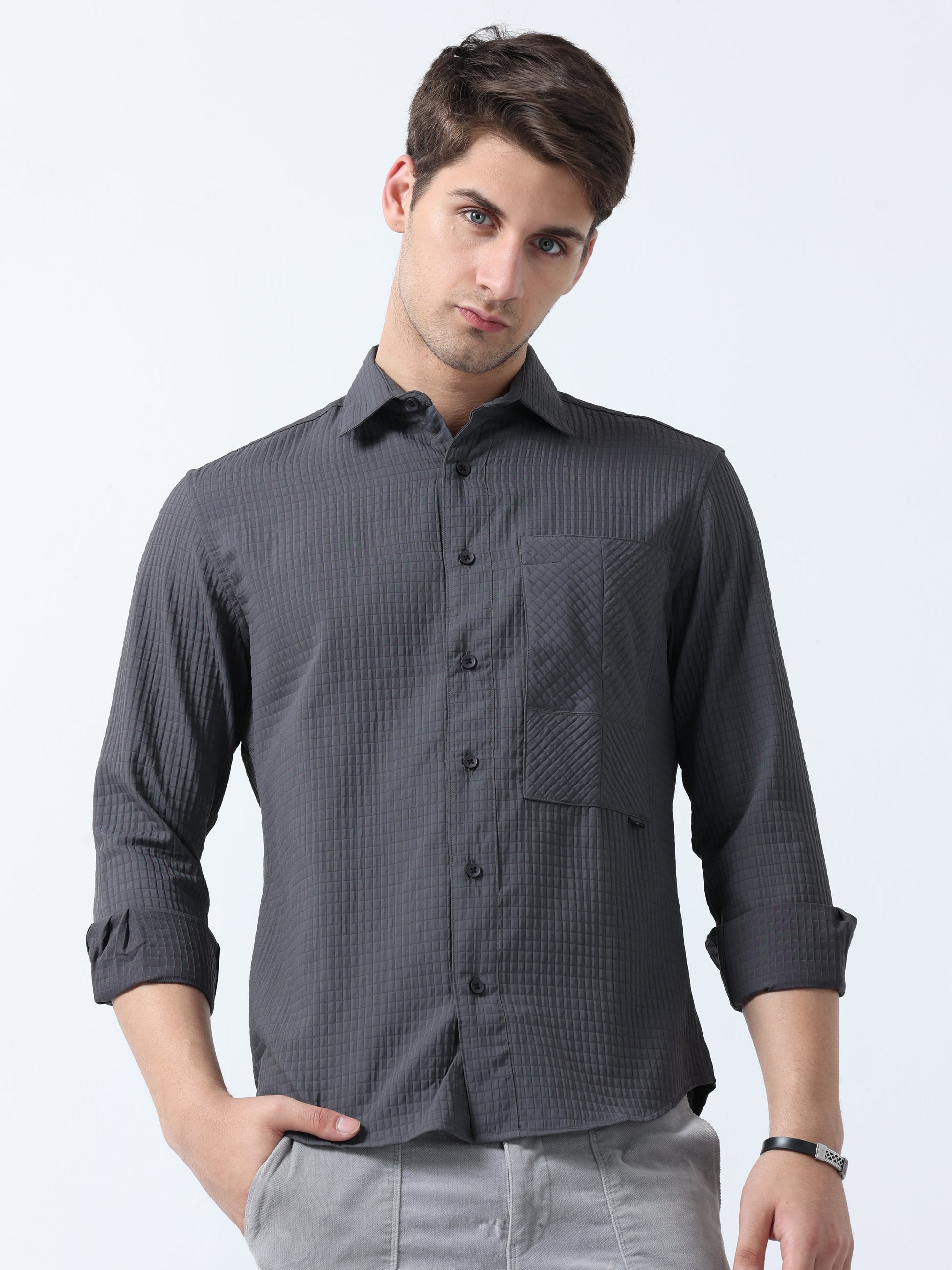 Dark Grey Imported Fabric Stylish Pocket Twist Plain Shirt