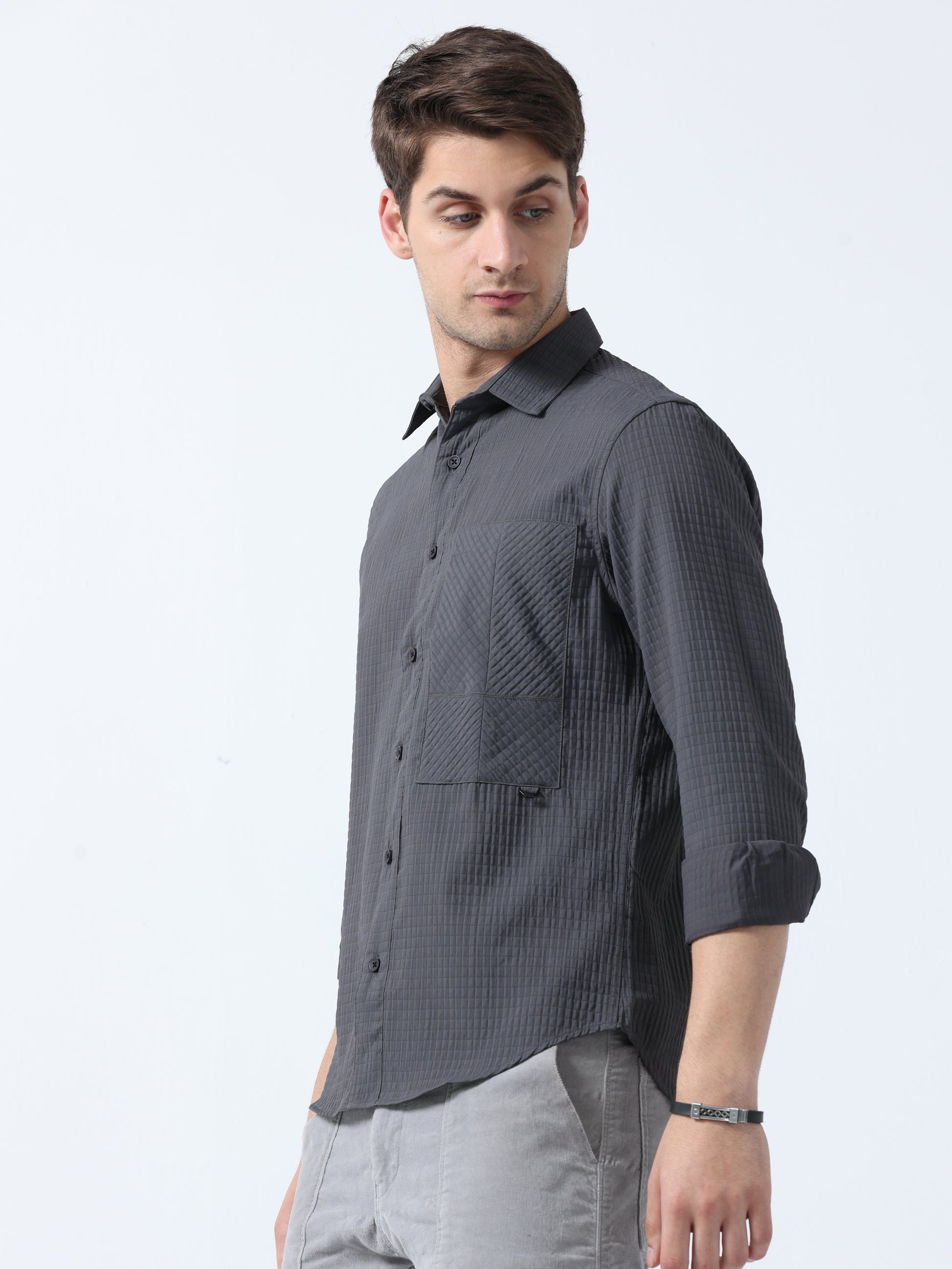 Dark Grey Imported Fabric Stylish Pocket Twist Plain Shirt