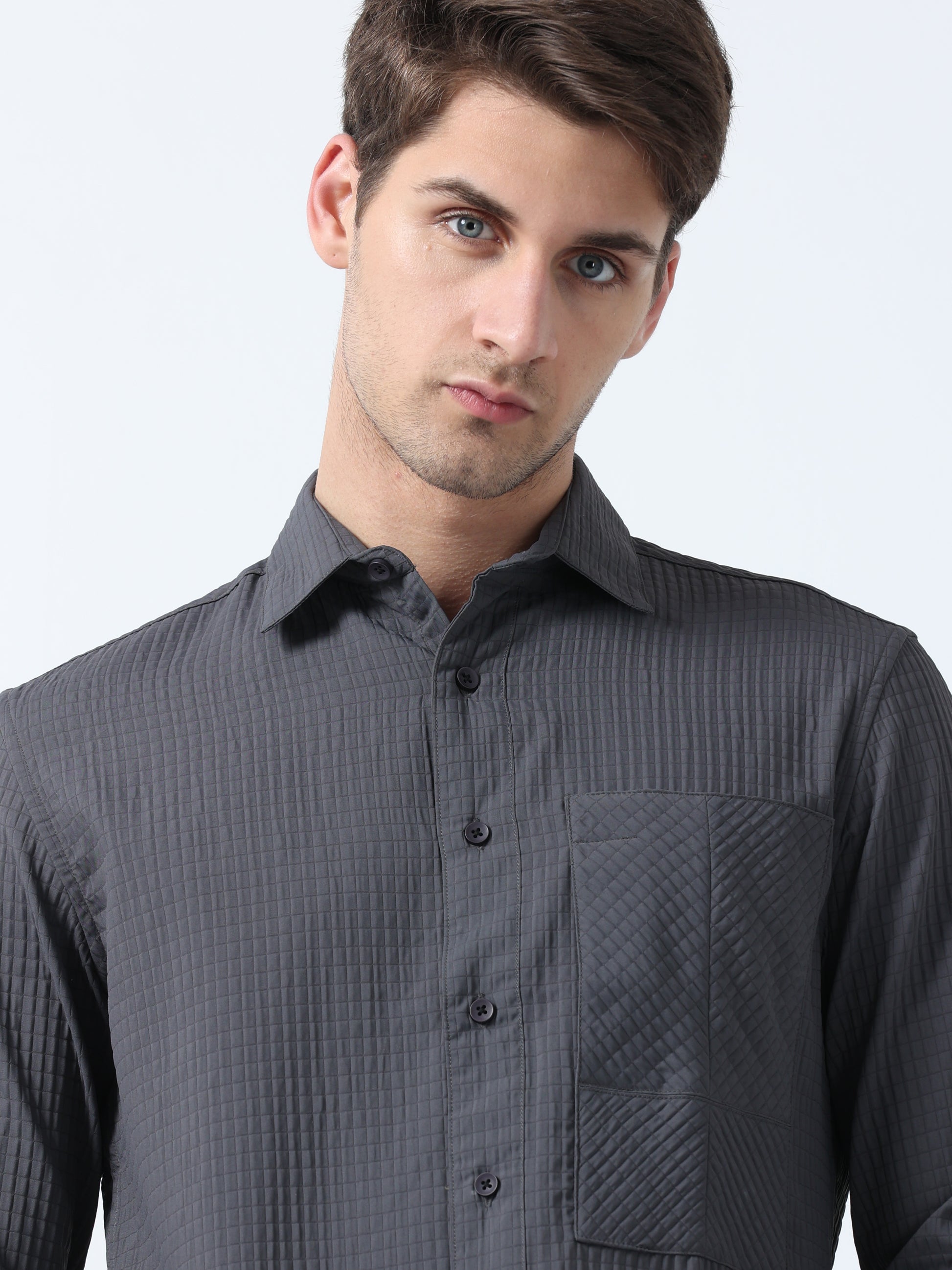 Dark Grey Imported Fabric Stylish Pocket Twist Plain Shirt