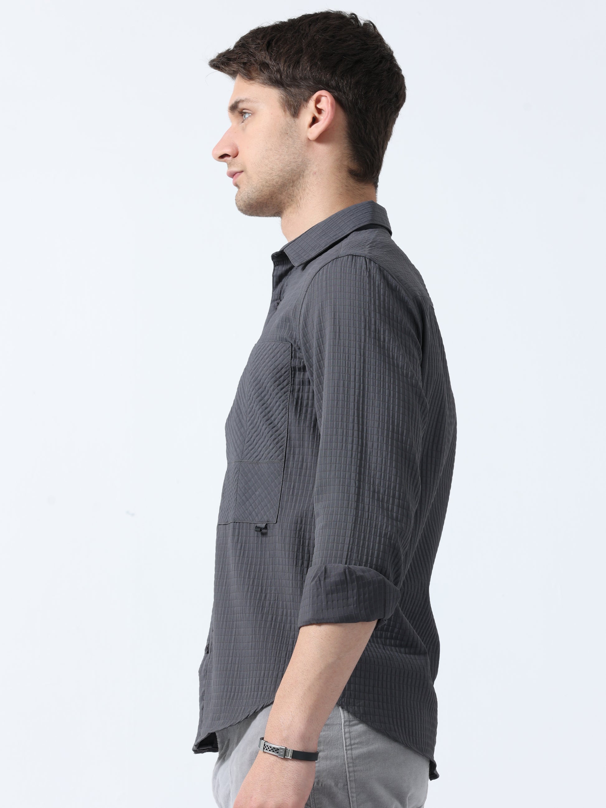 Dark Grey Imported Fabric Stylish Pocket Twist Plain Shirt