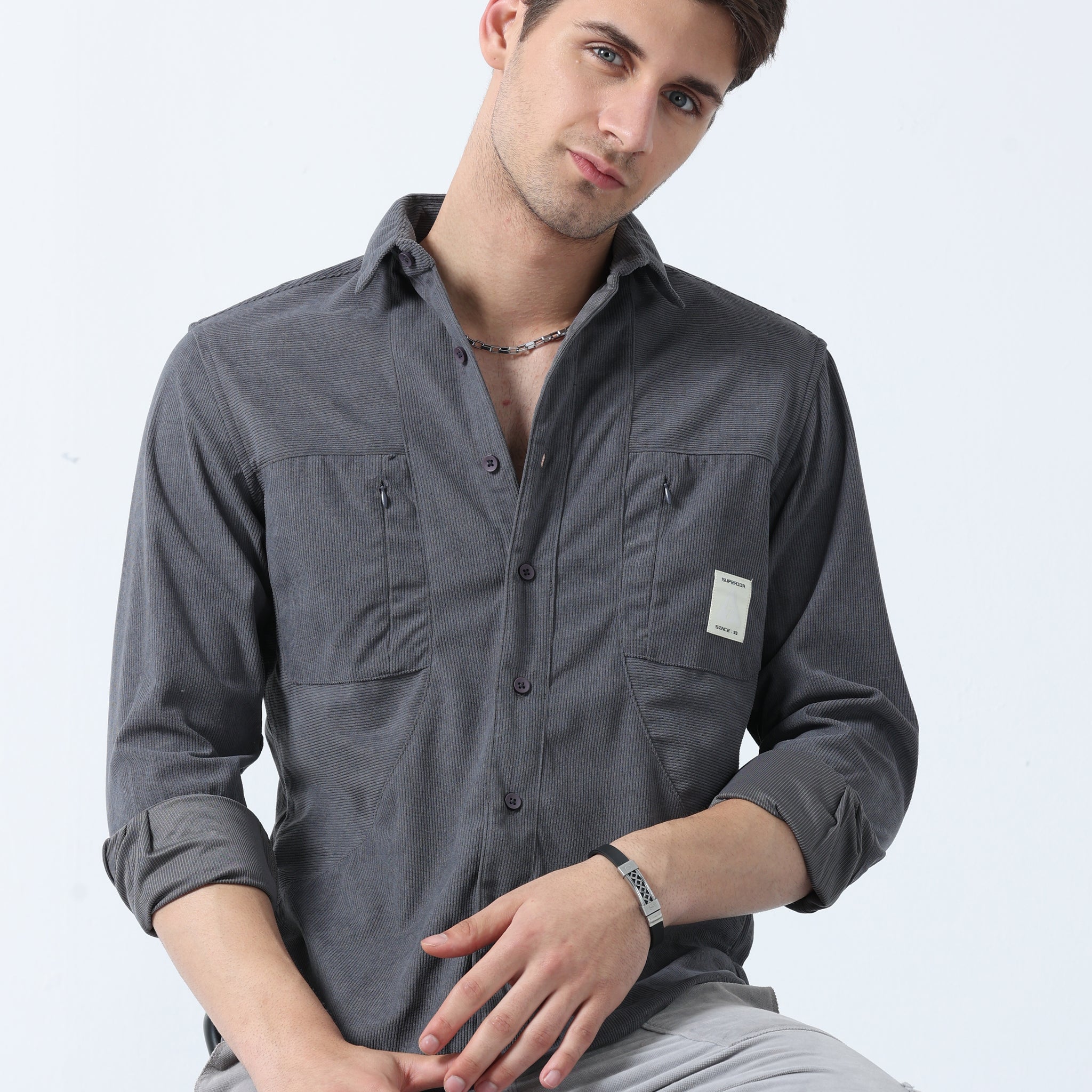 Dark Grey Double-Pocket Men's Full Sleeve Plain Shirt