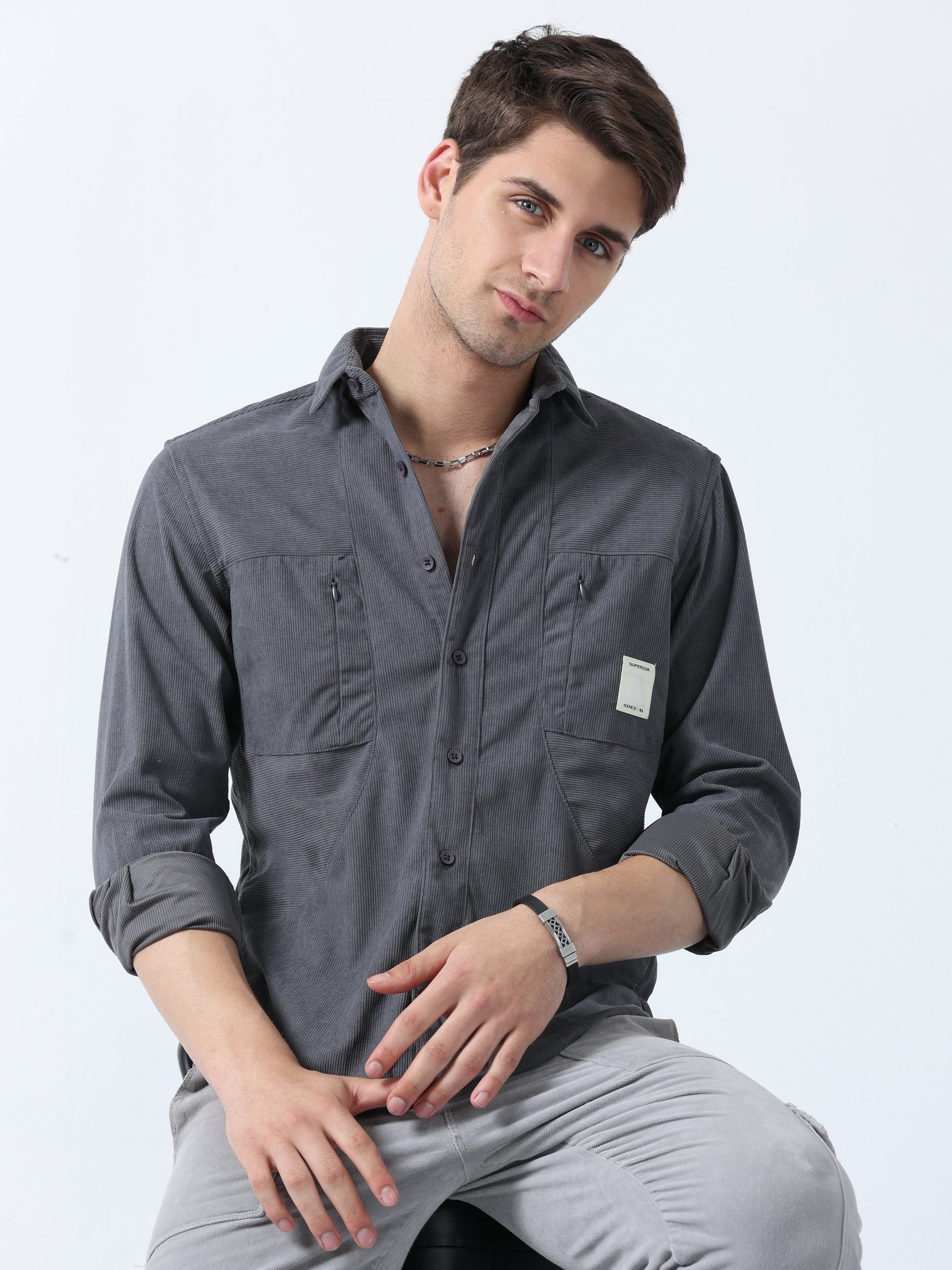 Dark Grey Double-Pocket Men's Full Sleeve Plain Shirt