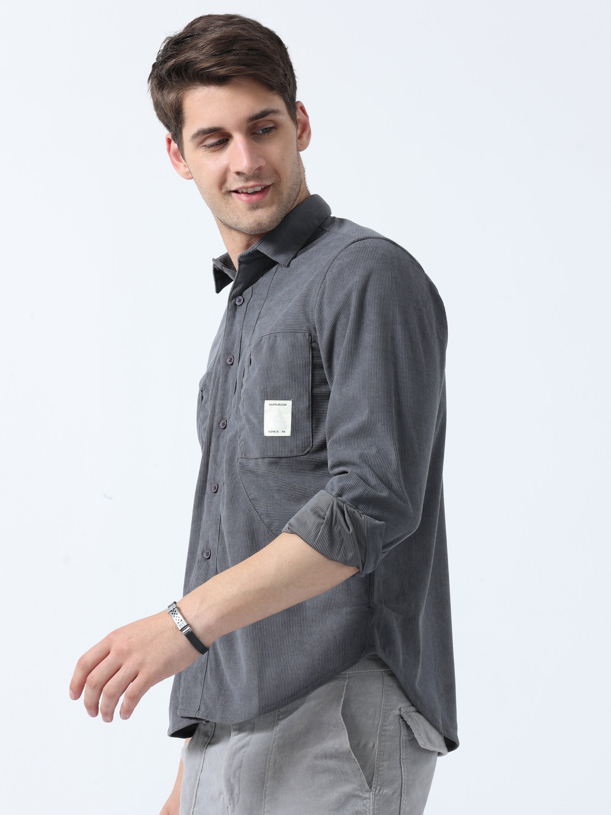 Dark Grey Double-Pocket Men's Full Sleeve Plain Shirt