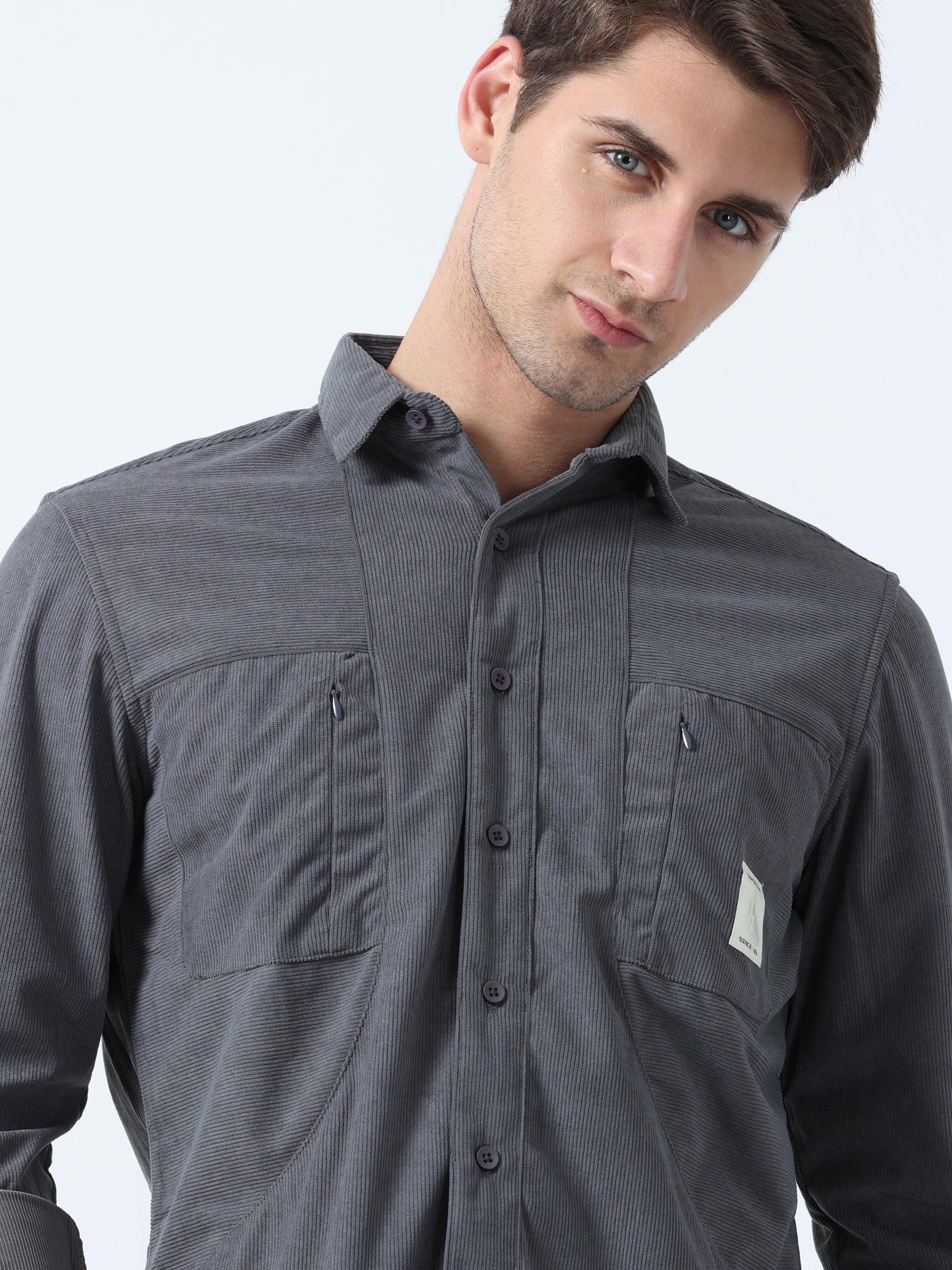Dark Grey Double-Pocket Men's Full Sleeve Plain Shirt