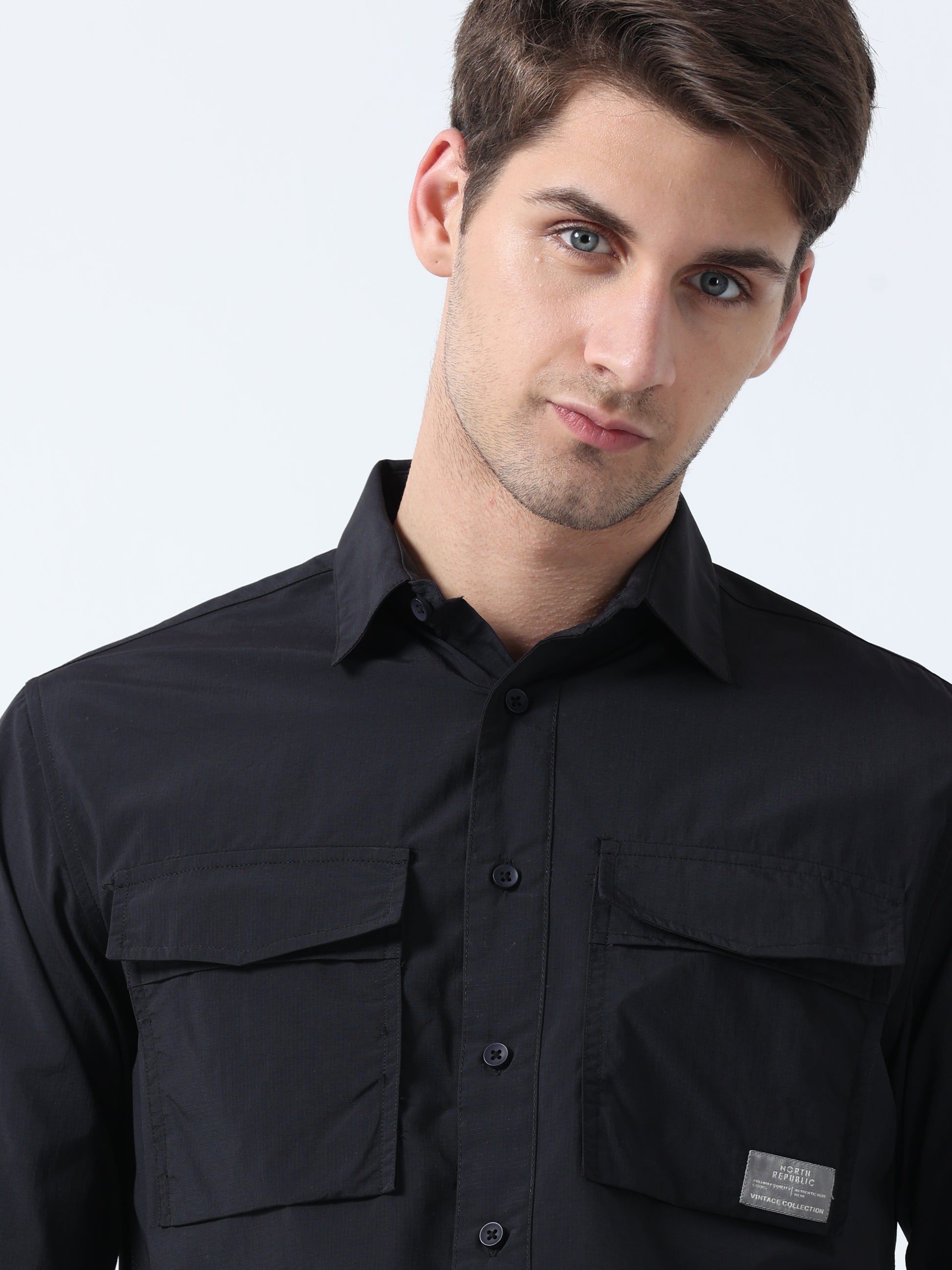 Black Imported Fabric Double-Pocket Full Sleeve Plain Shirt